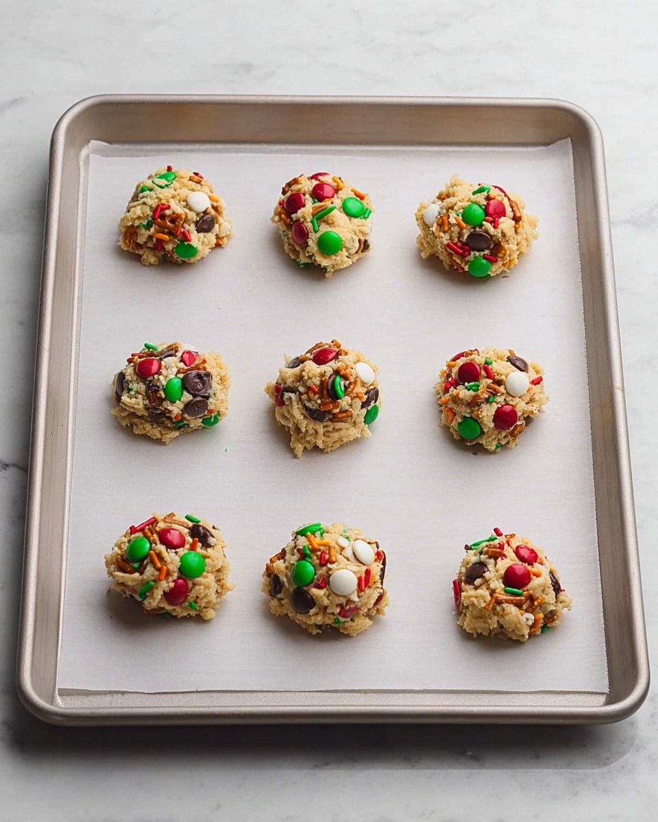 Eight rounded cookie dough balls are spaced out on a light gray baking tray lined with white parchment paper. Each dough ball is lightly beige with a rough texture, loaded with colorful red and green candy-coated chocolates, dark chocolate chunks, white chocolate chips, orange-brown pretzel pieces, and red and green sprinkles. The tray sits on a white marbled surface. photo taken with an iphone --ar 4:5 --v 7