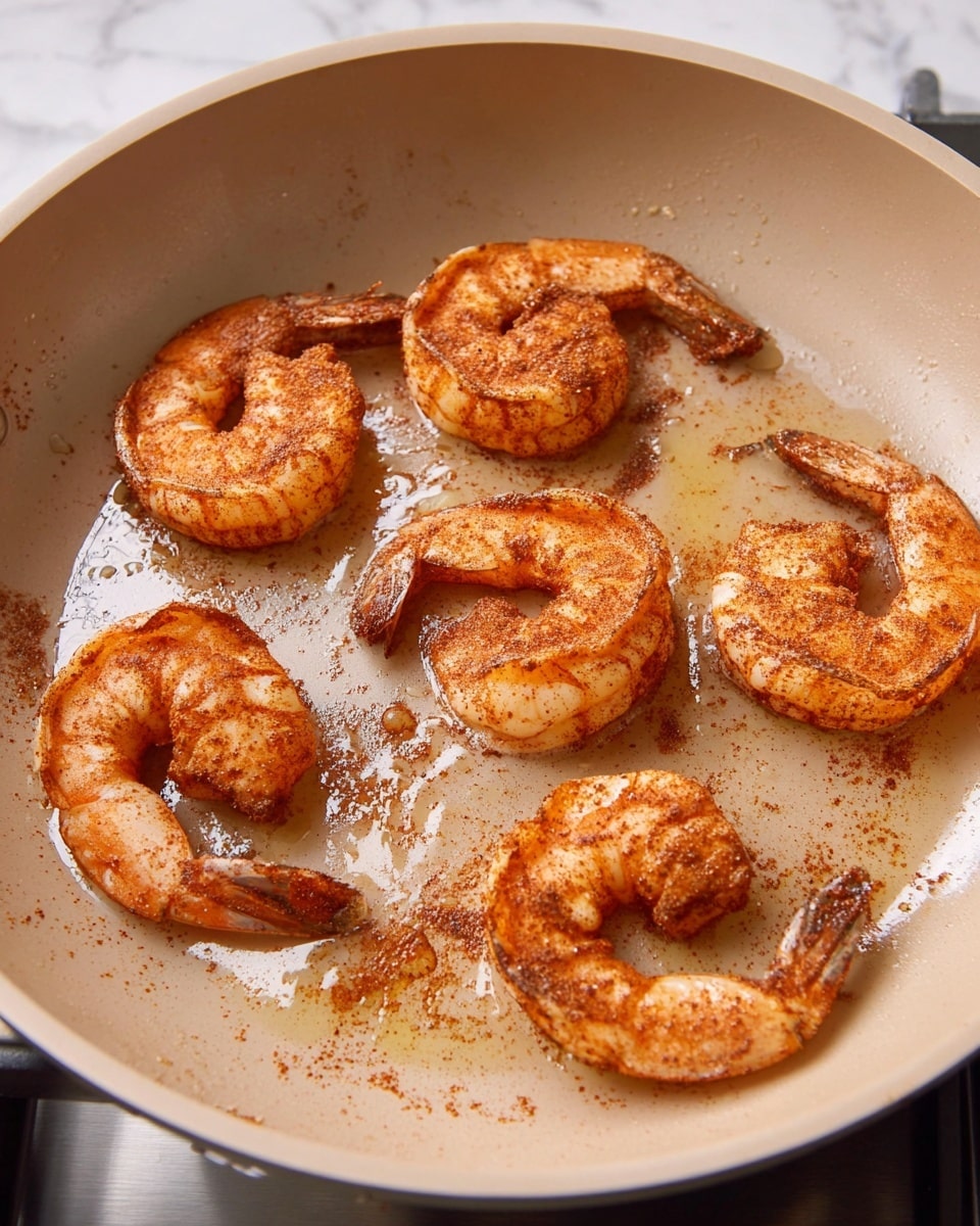 The image shows six shrimp with a reddish-brown spice coating being cooked in a light beige non-stick pan, arranged in a circle. Each shrimp has a slightly curved shape, with visible texture from the spice rub, giving a crispy look, and the pan surface shows slight oil and seasoning residues. The pan is on a stove, with some light reflections creating a warm cooking atmosphere. The background is a white marbled surface. photo taken with an iphone --ar 4:5 --v 7