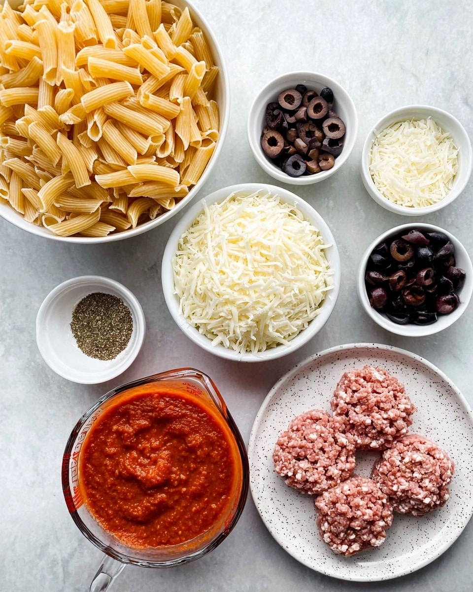 The image shows several bowls and plates arranged on a white marbled surface, each holding different ingredients. There is a large bowl filled with light yellow cooked pasta with ridges, a white bowl heaped with shredded white cheese, and small white bowls containing dark black sliced olives, white grated cheese, and a mix of light and dark seasoning. A clear glass measuring cup holds thick red sauce with visible herbs. On a white speckled plate, there are two types of raw ground meat, one pink and one with a darker hue and small white chunks. Photo taken with an iphone --ar 4:5 --v 7