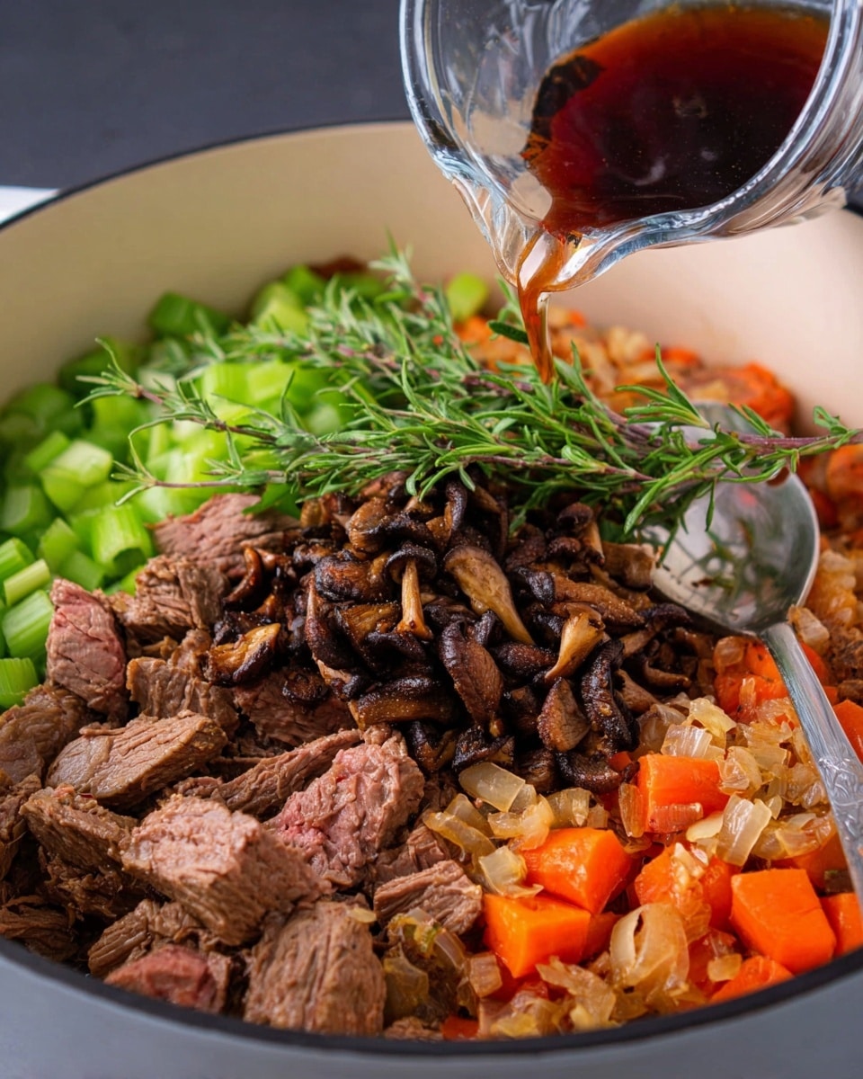 A white pot is filled with several layers of ingredients. The bottom layer includes chopped green celery and orange carrot pieces with some brown onion bits mixed in. On top of this, there are large chunks of browned beef pieces spread evenly. Next, there is a pile of dark brown chopped mushrooms in the center. Over the mushrooms and beef, there are several strips of cooked bacon with a pink and crispy texture. A fresh green herb sprig, with leaves and long stems, rests on top of the meat. A clear glass cup is tilted above the pot, pouring a dark reddish-brown liquid onto the ingredients. A silver spoon is tucked into the side of the pot. The photo is taken with an iphone --ar 4:5 --v 7