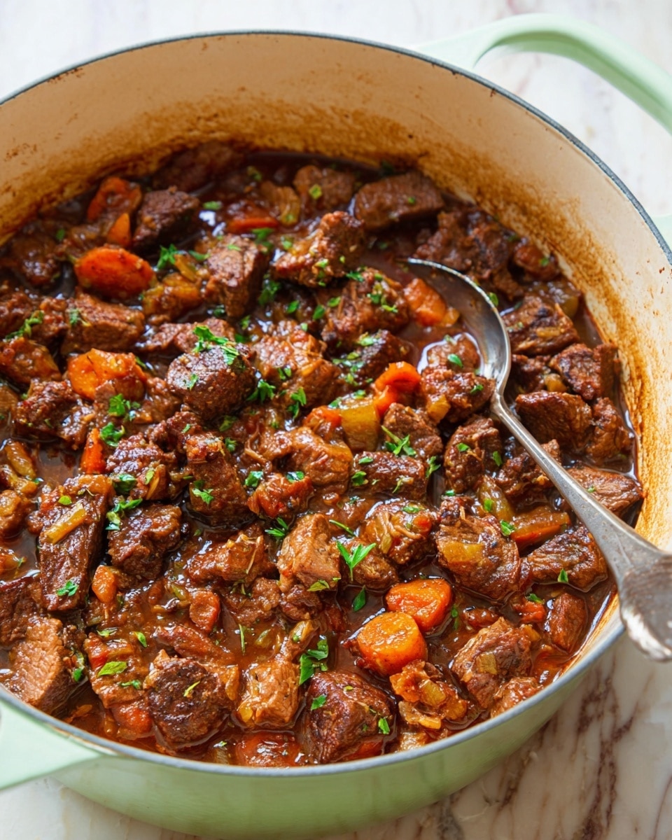 The image shows a large white pot filled with a rich beef stew containing many chunks of brown cooked beef mixed with orange carrot pieces and small green herbs scattered throughout. The beef looks tender with a slightly glossy texture from the sauce. A large metal spoon is resting inside the pot, partially buried in the stew. The pot’s edges are light green on the outside, and the background features a white marbled surface. photo taken with an iphone --ar 4:5 --v 7