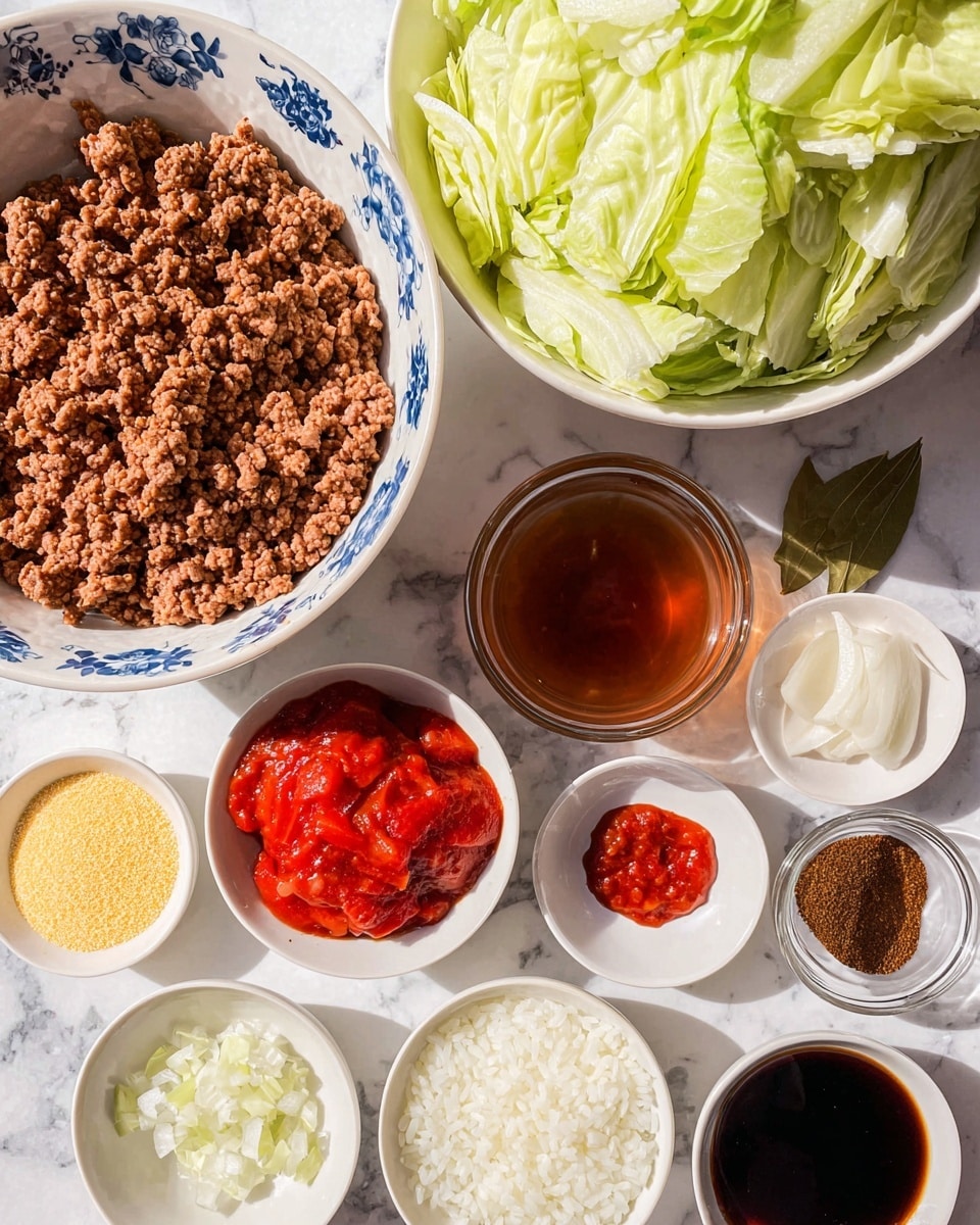 The image shows an arrangement of ingredients on a white marbled surface, all neatly placed in white bowls except the largest bowl containing ground meat, which has a white base with blue floral patterns. The center bowl holds browned ground meat with a crumbly texture. Above, a large white bowl contains torn pale green cabbage leaves. To the right of the meat bowl, a clear glass container filled with brown liquid is visible. Around this main setup, smaller white bowls and a glass bowl hold various ingredients: bright yellow powder, white uncooked rice, finely chopped white onions, chunky red tomatoes, a dollop of thick red paste, and a dark brown sauce. Another small white bowl has mixed dry spices and a bay leaf. The lighting is bright and natural, making the colors clear and vibrant, photo taken with an iphone --ar 4:5 --v 7
