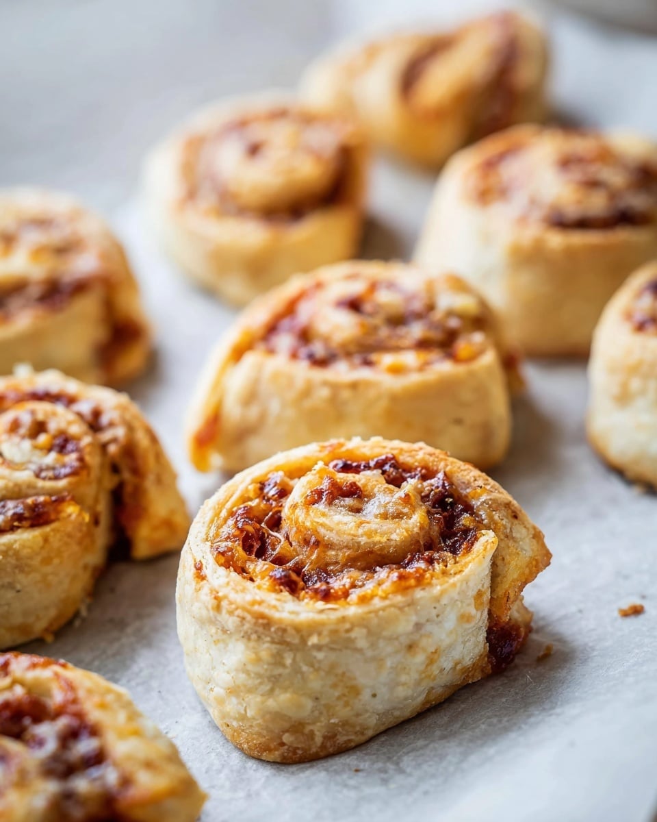 The image shows several small pastry rolls placed close together on a white marbled surface covered with baking paper. Each roll has two main layers: a light golden, slightly bubbly outer dough layer, soft yet firm in texture, and an inside swirl of a rich, reddish-orange filling that looks smooth and slightly shiny with some melted cheese texture. The filling peeks out from the rolled dough on the sides, giving a contrast between the pale dough and the deep, warm color of the filling. The rolls are arranged diagonally in the frame, with some focused sharply at the front and others slightly blurred in the background, showing a fresh, warm baked look. photo taken with an iphone --ar 4:5 --v 7