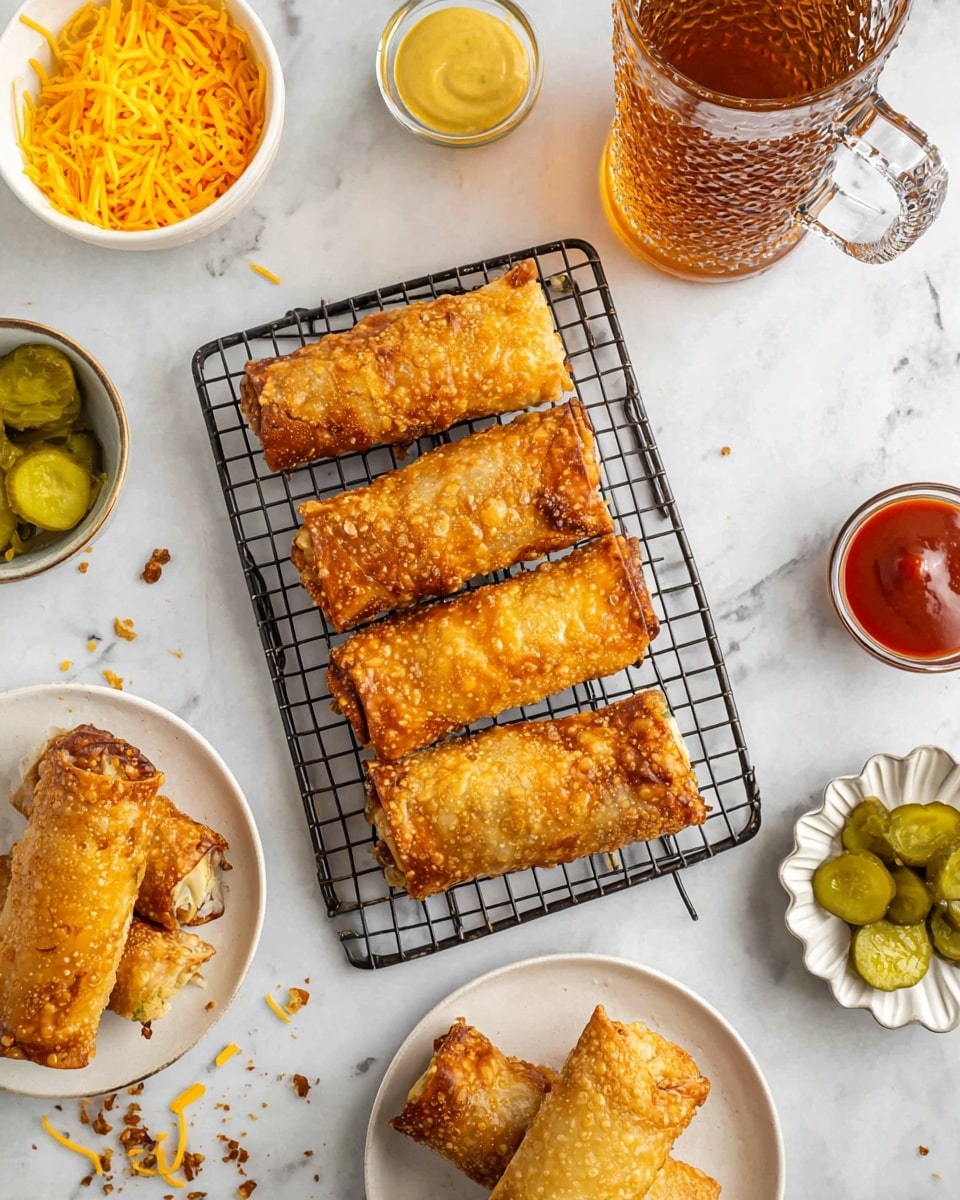 The image shows a group of seven golden-brown fried egg rolls with a bubbly, crispy texture. Five egg rolls lie close together on a small black wire rack, arranged horizontally from the top right to bottom left. Nearby, three egg rolls sit on two small white plates: two on one plate at the bottom center and one on another plate on the right side. Scattered crumbs are visible on the white marbled surface. Around the egg rolls, there is a small white bowl of yellow mustard sauce in the bottom left corner, a clear glass bowl of shredded yellow cheddar cheese in the upper left, round green pickle slices in a small white scalloped dish near the bottom right, and a small white bowl of reddish sauce at the upper right. A tall glass mug with amber-colored liquid and a textured pattern is placed near the top center. photo taken with an iphone --ar 4:5 --v 7