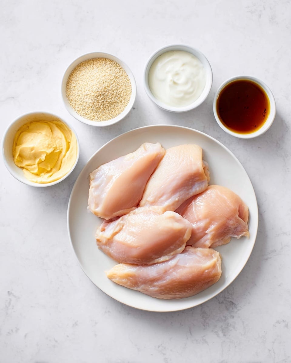 The image shows a white plate in the center with five raw chicken pieces that are light pink and smooth. Surrounding the plate are four small white bowls arranged evenly on a white marbled surface; the top left bowl contains beige breadcrumbs, the top middle bowl has thick white yogurt, the top right bowl holds a dark brown sauce, and the bottom right bowl shows a yellow creamy mixture. The colors are soft and natural with a clean layout. Photo taken with an iphone --ar 4:5 --v 7