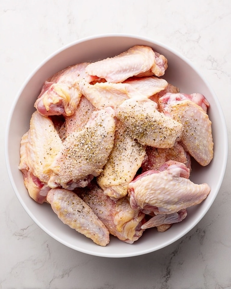 A white bowl filled with raw chicken wings piled loosely with visible skin texture, showing pale pink and yellowish tones; the wings are sprinkled unevenly with coarse salt and ground black pepper, giving a slightly grainy texture on top. The background is a white marbled surface, providing a clean and bright setting. photo taken with an iphone --ar 4:5 --v 7