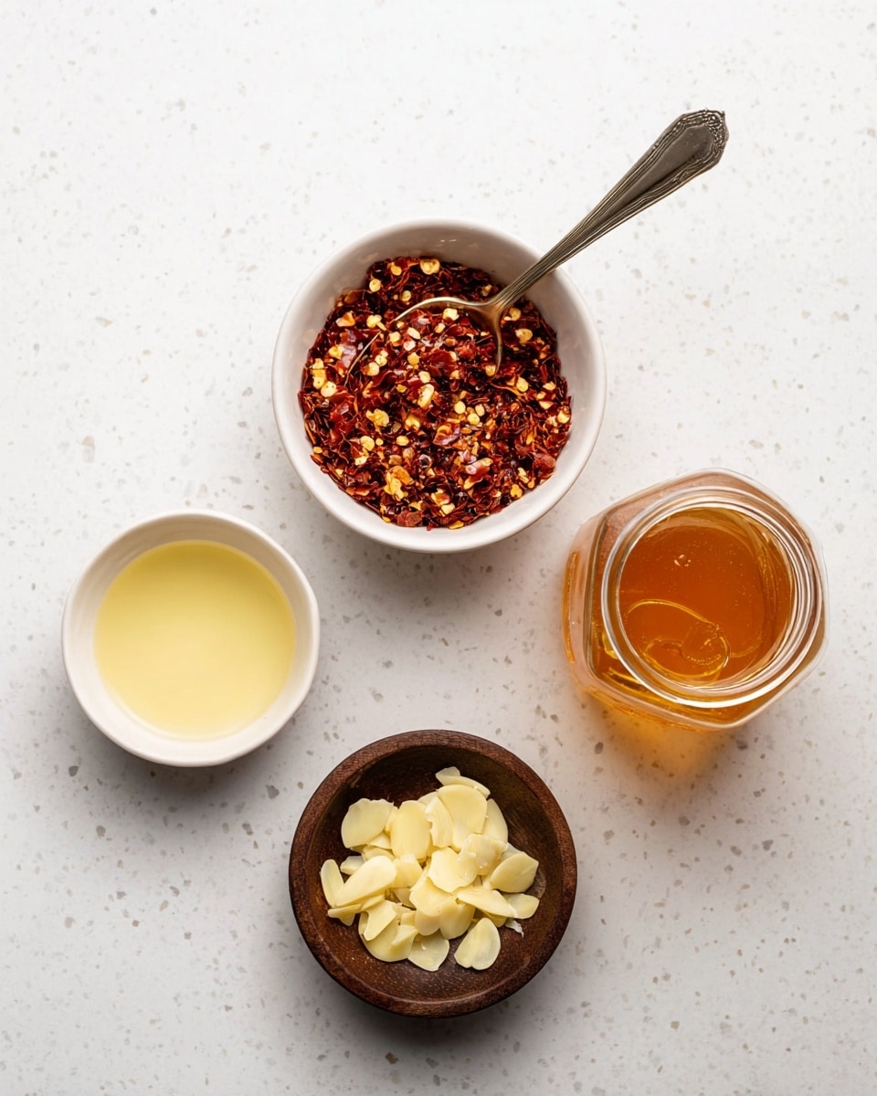 The image shows a top view of four small containers arranged on a white marbled surface. In the center is a white bowl filled with red chili flakes, with a metal spoon resting inside, scooping some flakes. To the lower left is a white bowl holding a light yellow liquid. Below the chili flakes bowl is a small dark wooden bowl filled with thinly sliced garlic pieces. To the upper right is a clear glass jar filled with honey, showing its golden amber color. The items are spaced out simply and clearly. photo taken with an iphone --ar 4:5 --v 7