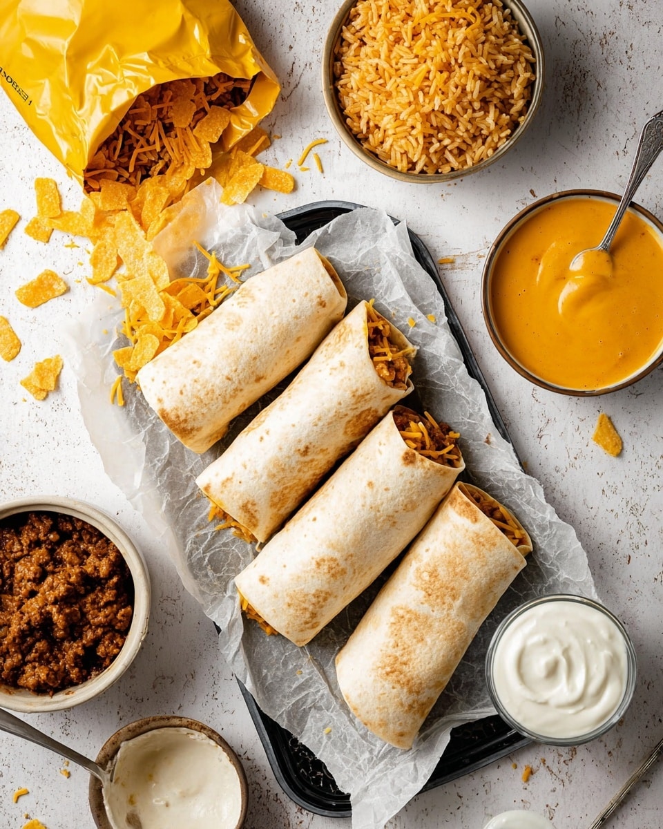 Four rolled burritos with soft, light brown tortillas lie on crinkled white parchment paper over a black tray on a white marbled surface. Around the burritos are scattered yellow-orange crunchy chips and shredded yellow cheese. To the top left, an open yellow bag spills more chips. Nearby, a bowl of cooked seasoned rice with long grains and an earthy color sits with a fork inside. To the right, a bowl of smooth, bright orange cheesy sauce is next to a spoon with some sauce on it resting on the parchment. At the bottom left, a small bowl contains dark brown cooked ground meat with a spoon inside, and a separate silver spoon holds a dollop of white sour cream. Photo taken with an iphone --ar 4:5 --v 7
