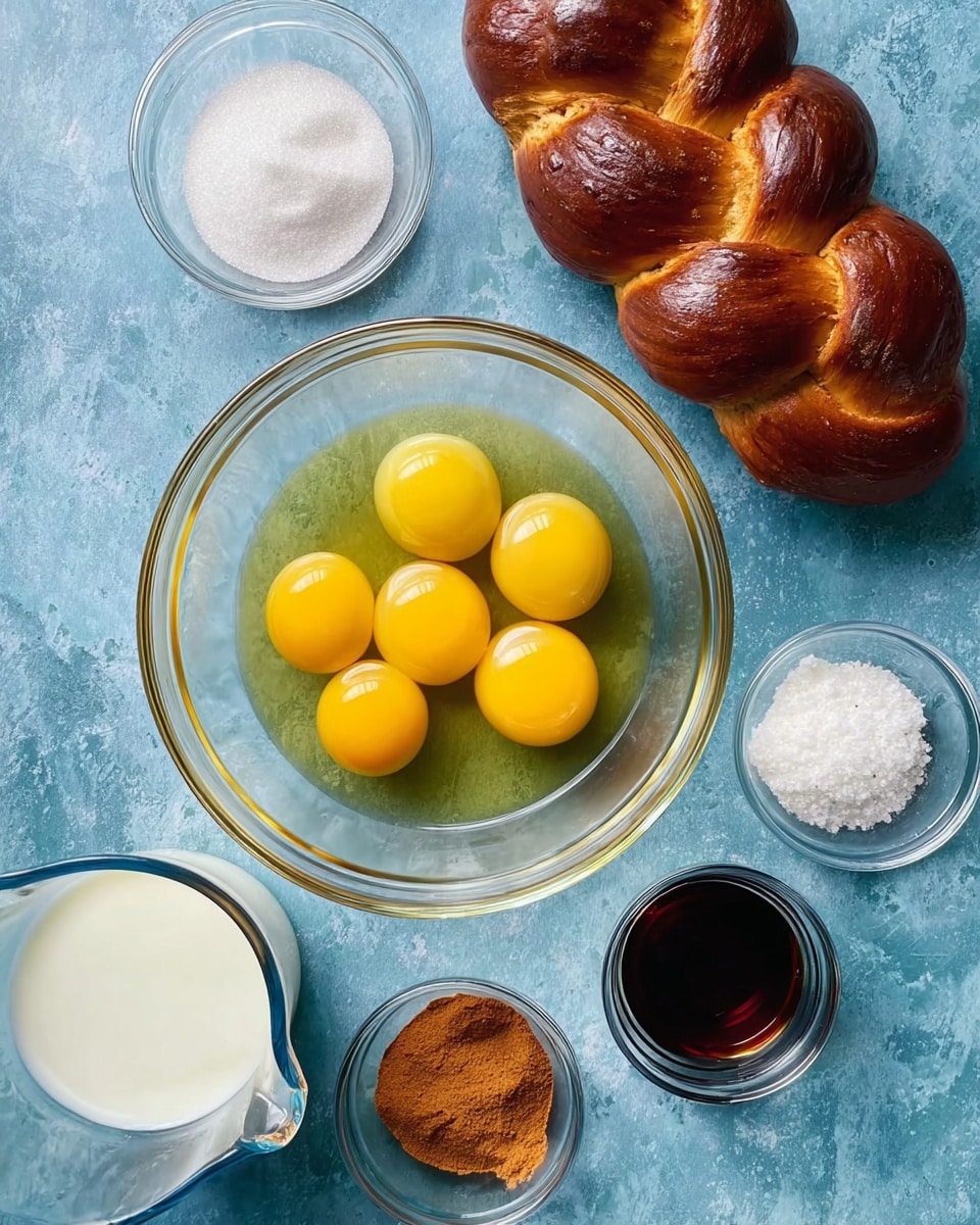 A clear glass bowl in the center holds eight raw egg yolks and whites with a shiny texture and bright yellow yolks, placed on a blue textured surface. To the right, there is a braided golden brown bread with a glossy finish. Below the bread, two small clear glass bowls are filled with white granulated sugar and light brown cinnamon powder. In the lower left corner, a clear measuring cup contains white milk with a smooth surface. In the bottom center right, a small clear cup holds dark brown vanilla extract. The background is changed to a white marbled texture. photo taken with an iphone --ar 4:5 --v 7