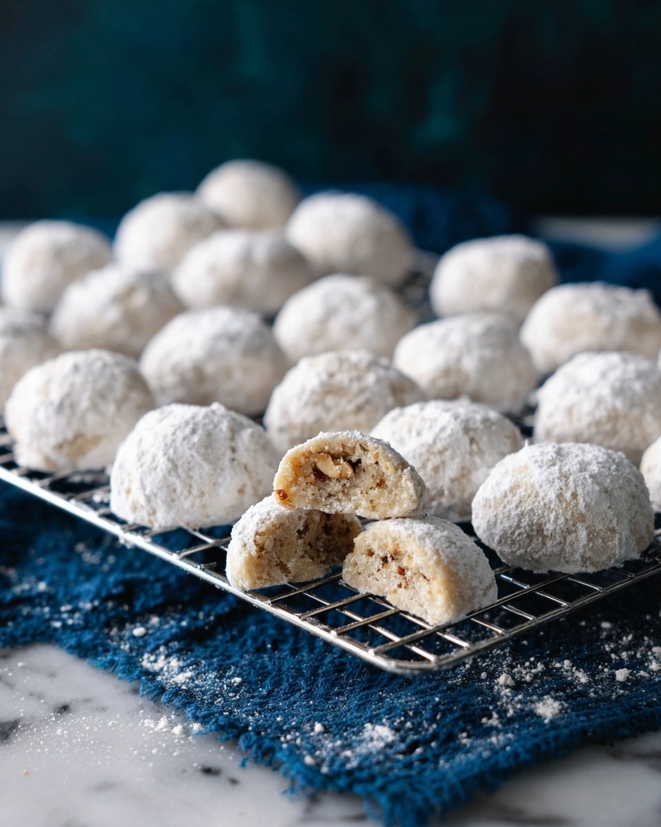 The image shows many small round cookies covered in white powdered sugar, arranged on a silver metal cooling rack. One cookie near the front is broken in half, showing a light tan inside with small bits of nuts, giving a crumbly texture. The rack sits on dark blue cloth with a rough texture, all placed on a white marbled surface. The background is dark and blurred, making the cookies stand out sharply. photo taken with an iphone --ar 4:5 --v 7