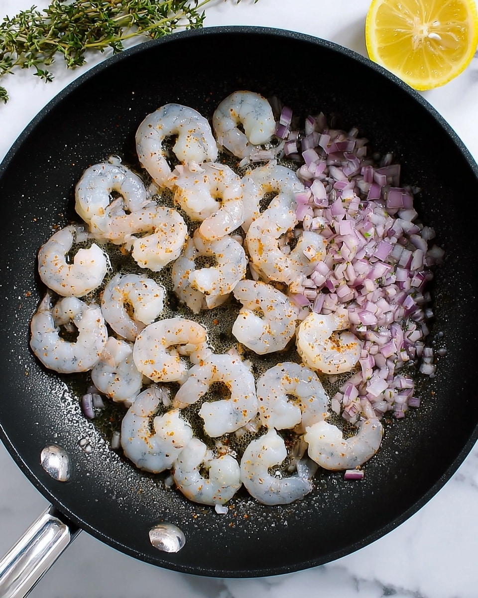 In a black frying pan, there are two main layers: the base layer of small, finely chopped purple onions that are lightly sautéing in oil with tiny bubbles around them, and on top of this, a layer of raw shrimp arranged mostly on the left side of the pan with a few on the right, showing a mix of pale blue and white colors with specks of orange seasoning. The pan handle extends downward, and the background shows a lemon slice and green herbs on a white marbled surface. photo taken with an iphone --ar 4:5 --v 7