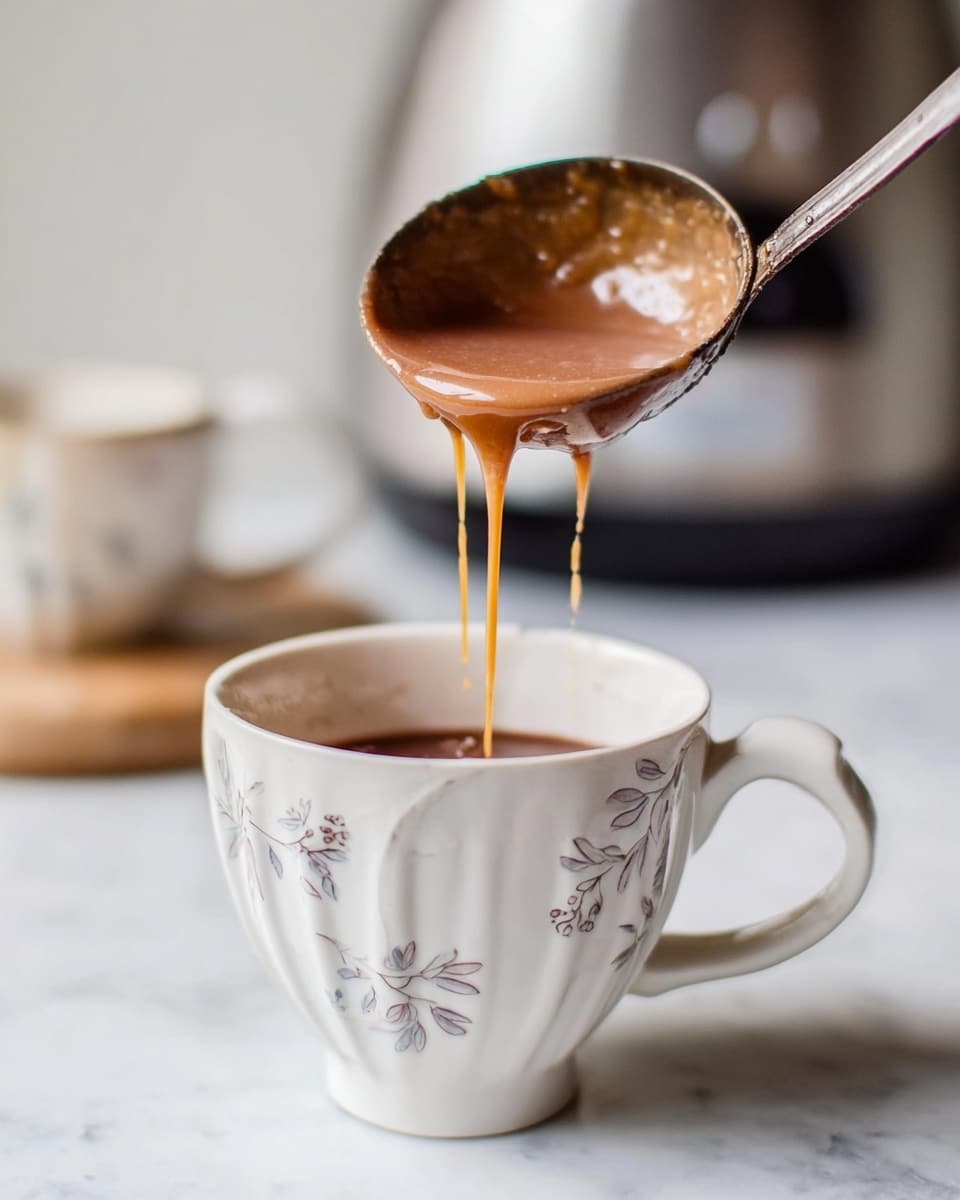 A close-up shows a white cup with a floral pattern being filled with thick, smooth, light brown liquid from a rustic, large ladle. The liquid streams down in a glossy pour, with some drips on the inside and outside top edge of the cup. The cup sits on a smooth white marbled surface, and a blurred stainless steel appliance and another ceramic cup with a handle appear softly in the background. The scene captures a cozy, warm moment. photo taken with an iphone --ar 4:5 --v 7