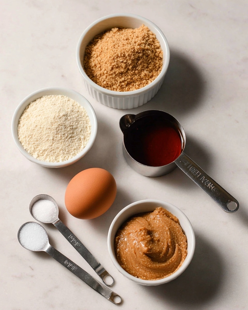 The image shows seven ingredients arranged on a white marbled surface: a white bowl filled with light brown almond flour at the top left, a white ramekin with dark amber vanilla extract at the top right, a metal measuring cup filled with smooth, light brown peanut butter in the center left, a white bowl with coarse light brown sugar below the vanilla, a single brown egg in front center, and two small metal measuring spoons placed side by side with white powder and white granulated sugar near the bottom left. The lighting is soft and natural. Photo taken with an iphone --ar 4:5 --v 7