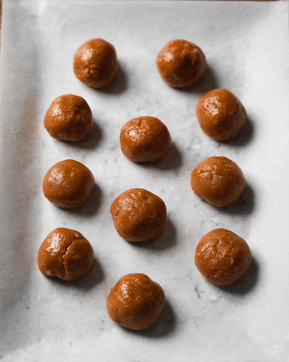 The image shows eleven small, round dough balls with a shiny brown color placed evenly on a sheet of white parchment paper. The dough balls have a slightly rough but smooth texture, with small cracks on their surfaces. The parchment paper rests on a white marbled surface, and the dough balls are spaced apart for baking. photo taken with an iphone --ar 4:5 --v 7