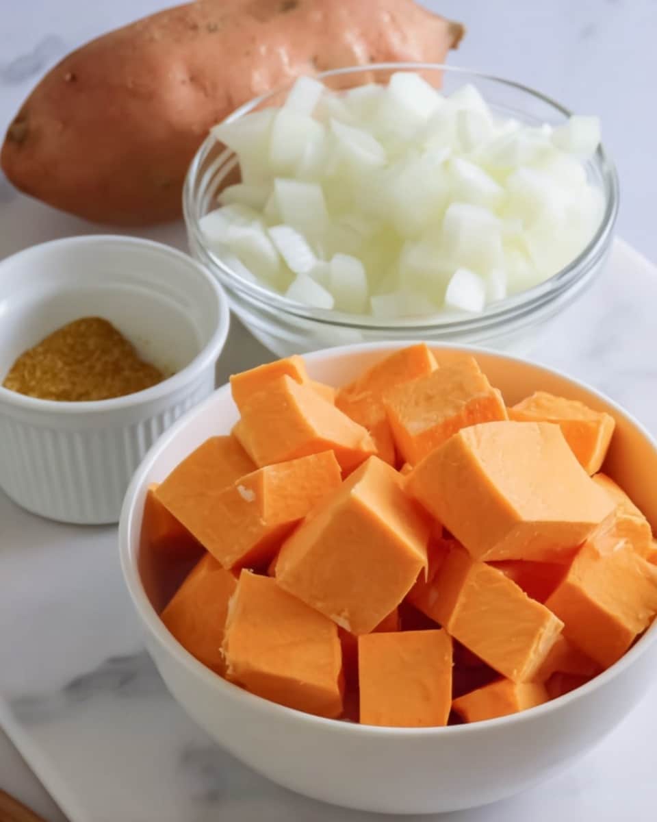 The image shows three bowls on a white marbled surface. In the closest white bowl, there are large, bright orange chunks of sweet potato. Behind it, a clear glass bowl is filled with small white onion pieces. To the left, there is a small white ramekin containing a few spices in powder form with a light yellow and brown color mix. The scene has soft lighting, and the focus is mainly on the sweet potatoes. Photo taken with an iphone --ar 4:5 --v 7