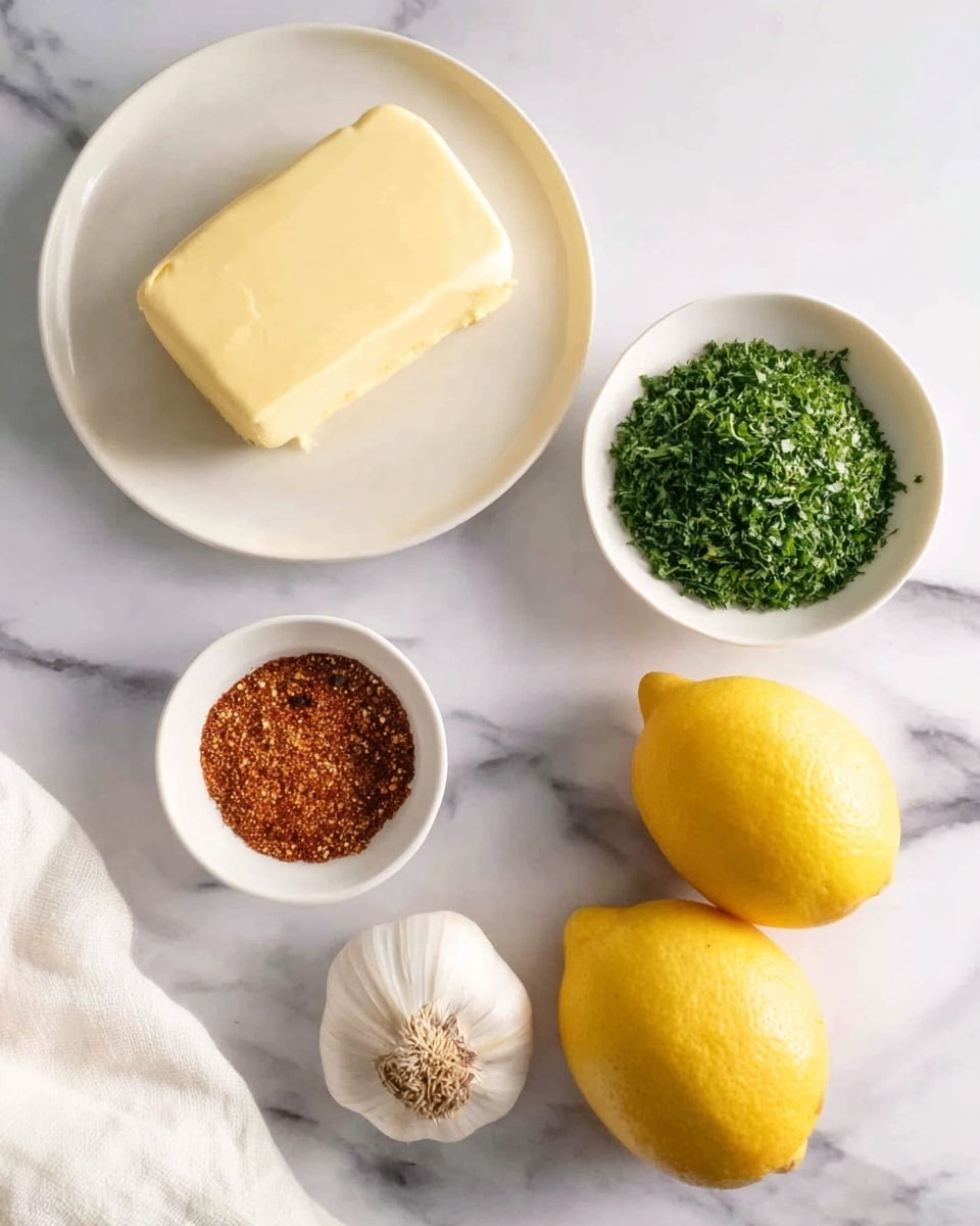 The image shows five ingredients arranged on a white marbled surface. At the top left, there is a white plate with a block of pale yellow butter resting on it. To the right of the butter, there is a small white bowl filled with finely chopped green herbs. Below the butter and to the left, there is another small white bowl holding a mix of reddish-brown spices. To the right of the spices and herbs, two whole bright yellow lemons sit side by side. At the bottom right, a whole white garlic bulb is placed on the surface. A white cloth is slightly visible at the bottom left corner. photo taken with an iphone --ar 4:5 --v 7