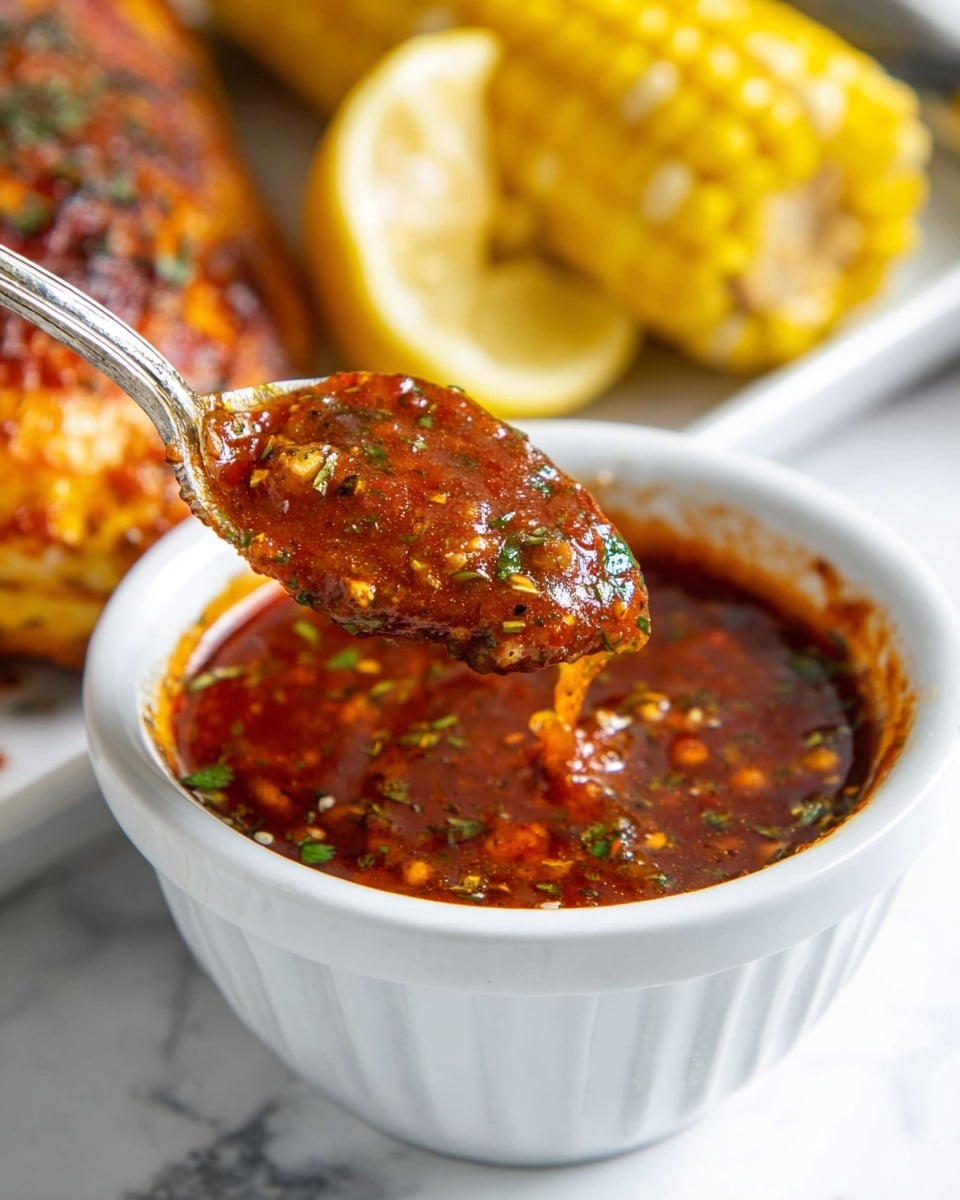 The image shows a small white bowl filled with a rich reddish-brown sauce that has a glossy, slightly oily surface with bits of herbs and spices. A silver spoon lifts a thick portion of the sauce, showcasing its textured, chunky layers with visible green herb flakes and spice particles. In the blurred background, grilled corn on the cob and a yellow lemon wedge are visible on a white marbled surface. The photo is close-up, capturing the sauce’s vibrant colors and glossy texture with sharp detail. Photo taken with an iphone --ar 4:5 --v 7