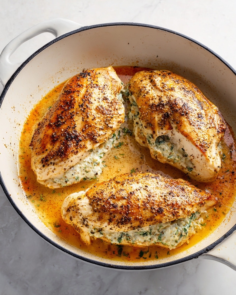 In a white pan with a black rim, there are three cooked chicken breasts with a golden-brown color and some black pepper sprinkled on top. Two pieces are plain on top, while one piece in the middle is stuffed with a creamy white filling mixed with green herbs, slightly spilling out from the inside. The pan holds some orange-golden juices around the chicken, showing they are cooked in a sauce. The white marbled surface under the pan is simple and clean. Photo taken with an iphone --ar 4:5 --v 7