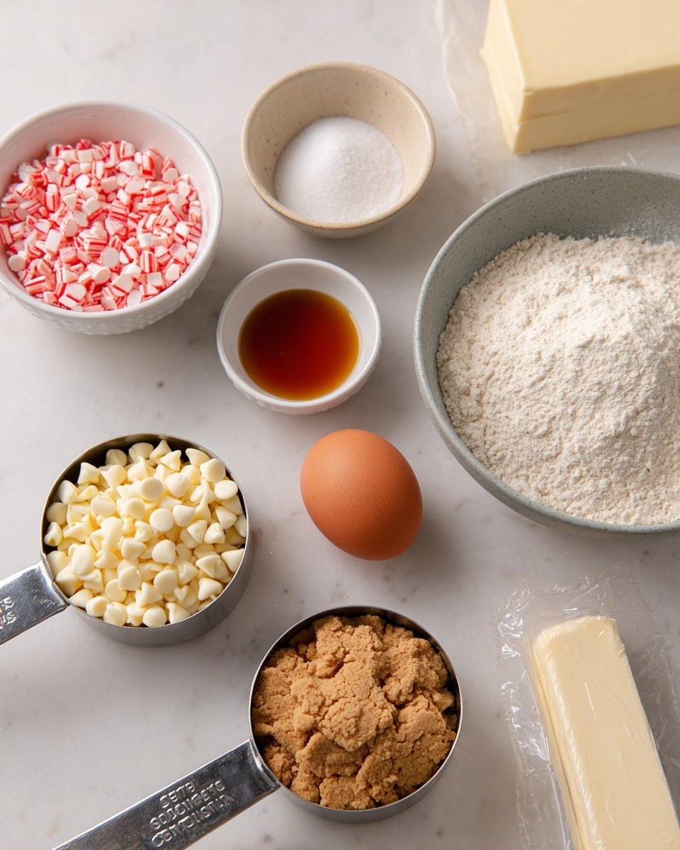 The image shows a white marbled surface with several ingredients arranged for baking. From the lower right corner, there is a metal measuring cup filled with light brown crushed graham crackers, next to it on the left is another metal measuring cup filled with small white chocolate chips. Above them, a small white bowl contains light brown liquid, likely vanilla extract. Toward the center, there is a whole brown egg, and behind it to the right is a gray bowl filled with white flour with a slightly lumpy texture. Above the flour bowl is a small round beige dish holding a white powder, possibly baking soda or baking powder. In the top left corner, a white bowl contains red and white crushed candy pieces. There is also a small metal measuring spoon near the left edge. A wrapped stick of unsalted butter is in the background on the right side. The whole setup is clean and natural with soft lighting. photo taken with an iphone --ar 4:5 --v 7