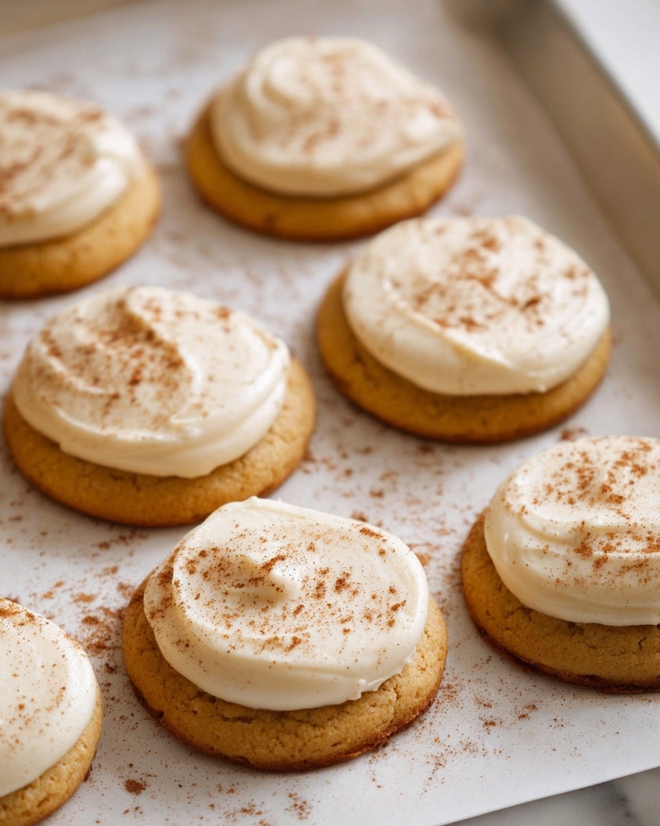 The image shows eight round, golden-brown cookies arranged in two rows on a white parchment-lined baking sheet with a white marbled textured surface underneath. Each cookie has one layer of smooth, creamy white frosting on top covering most of the cookie’s surface. Light brown powder, likely cinnamon, is sprinkled unevenly over the frosting and the parchment paper around the cookies, adding a soft texture contrast. The cookies have a soft, thick look. Photo taken with an iphone --ar 4:5 --v 7