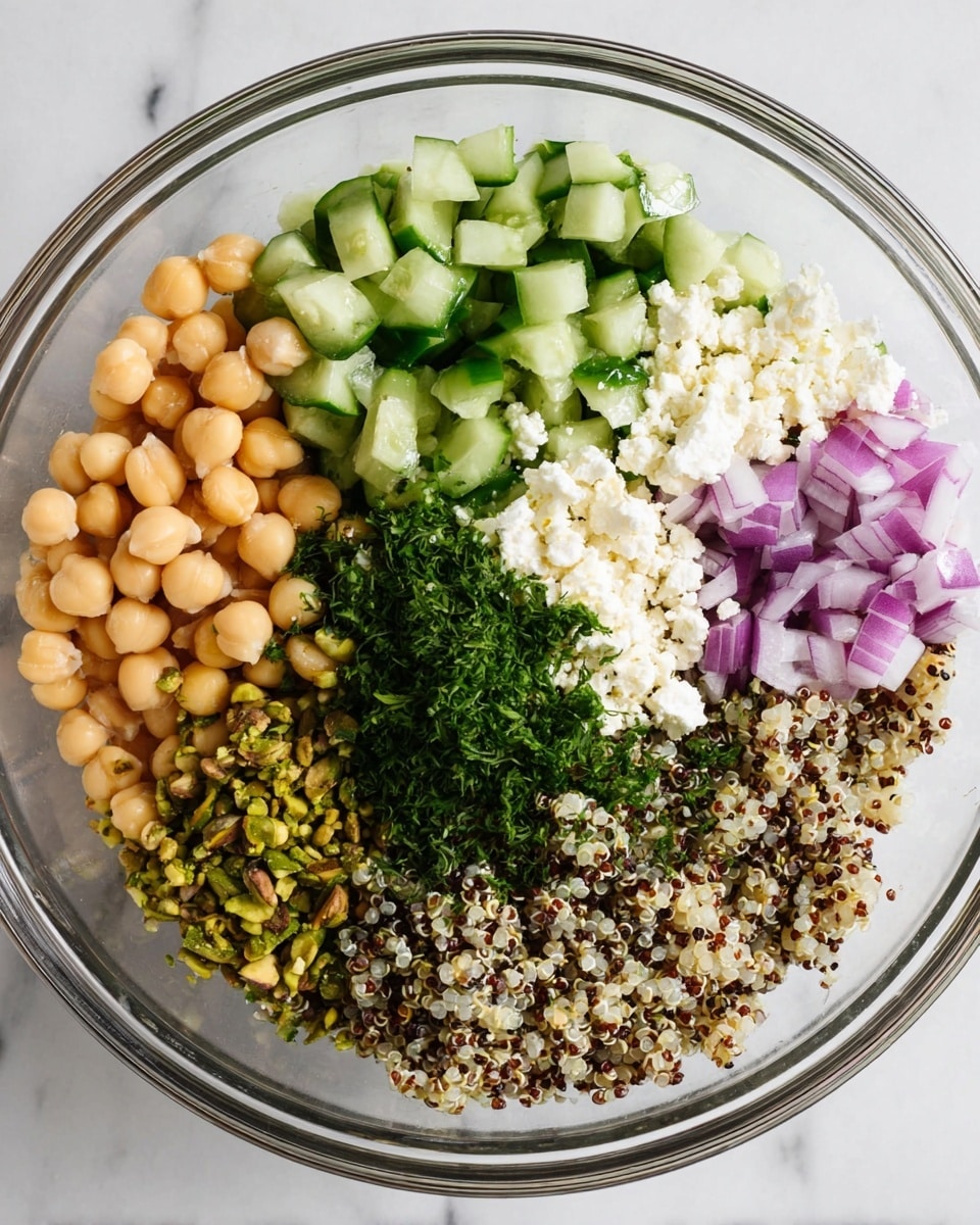 A clear glass bowl filled with seven separate layers of food arranged side by side: light beige chickpeas in the top left, bright green chopped cucumber next to them, finely diced purple onion on the top right, crumbly white cheese beside the onion, small green chopped herbs below the cheese, chopped pistachios next to the herbs, and cooked quinoa with black and white grains filling the bottom half of the bowl. The bowl is placed on a white marbled surface. photo taken with an iphone --ar 4:5 --v 7