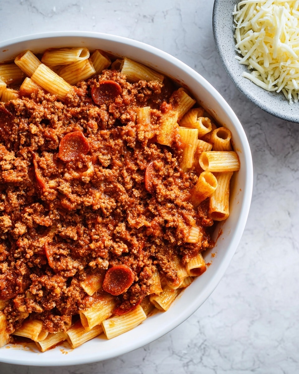 A white casserole dish filled with two visible layers: the bottom layer is white shredded cheese peeking through the edges, and the top layer is a mix of rigatoni pasta coated in tomato sauce with ground meat and slices of pepperoni, giving a rich reddish-brown color and crumbly texture. The dish sits on a white marbled surface with part of a gray bowl full of shredded cheese showing in the top right corner. photo taken with an iphone --ar 4:5 --v 7
