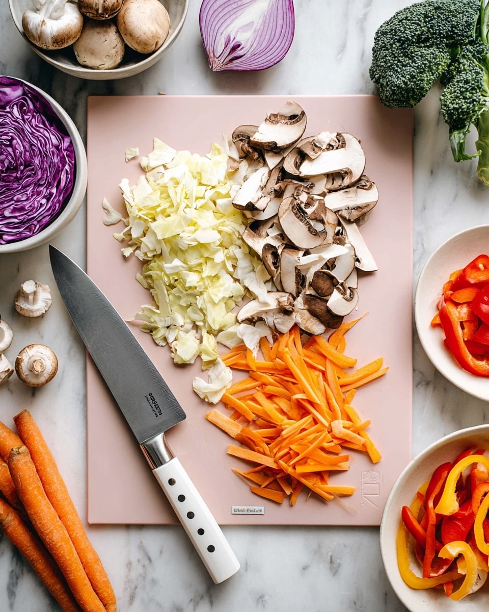A light pink cutting board on a white marbled surface holds three separate piles of fresh cut vegetables: thin orange carrot sticks on the right, sliced brown mushrooms with white sides in the middle, and chopped pale yellow and white cabbage pieces on the left. A large silver knife with a white handle and three black dots rests diagonally on the cutting board near the carrot sticks. Around the cutting board, whole mushrooms are on the top left, a sliced half of purple onion and broccoli sprigs are at the top right, two whole carrots are near the bottom right with orange carrot peelings curling nearby, and white bowls with sliced red bell peppers and more purple onions are partially visible on the left side. Photo taken with an iphone --ar 4:5 --v 7