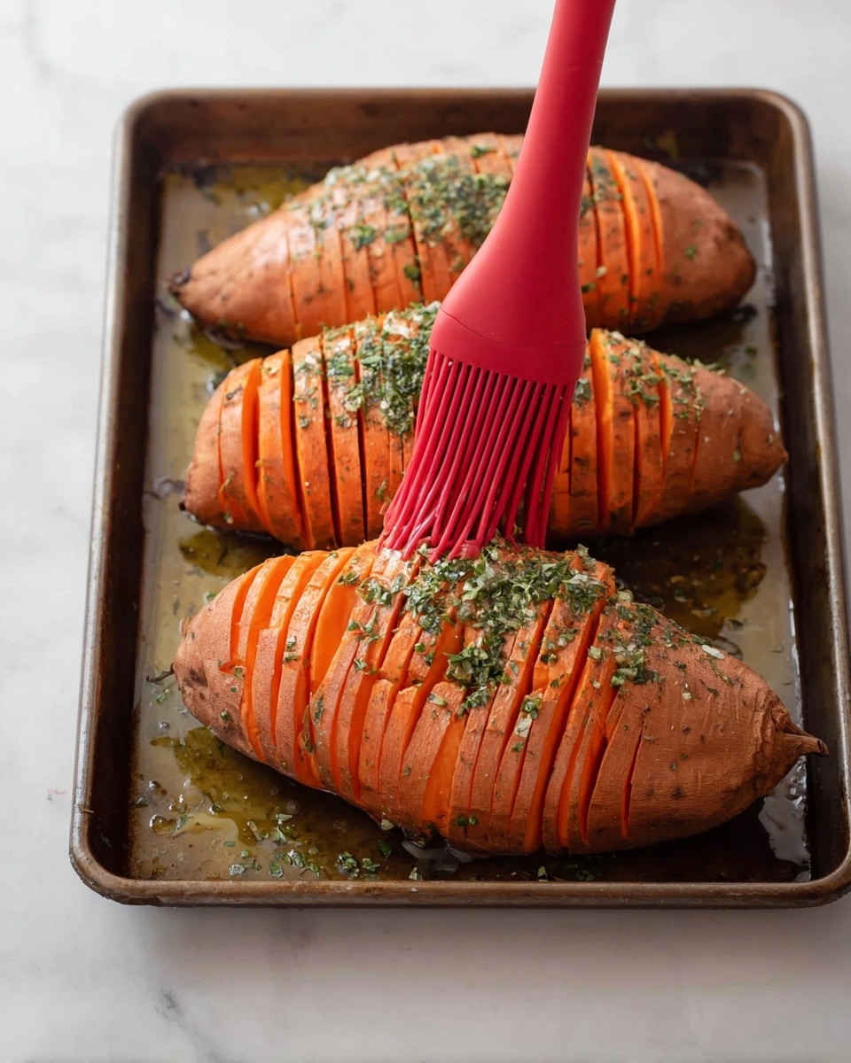 Three whole sweet potatoes are placed side by side on a baking tray. Each sweet potato is thinly sliced across, almost all the way through, creating many narrow layers that remain attached at the base. The orange skin of the potatoes glistens with a coating of oil and green herbs sprinkled over all sides. A red silicone brush is shown in the act of applying more oil and herbs onto the middle sweet potato from above. The tray sits on a white marbled surface. photo taken with an iphone --ar 4:5 --v 7
