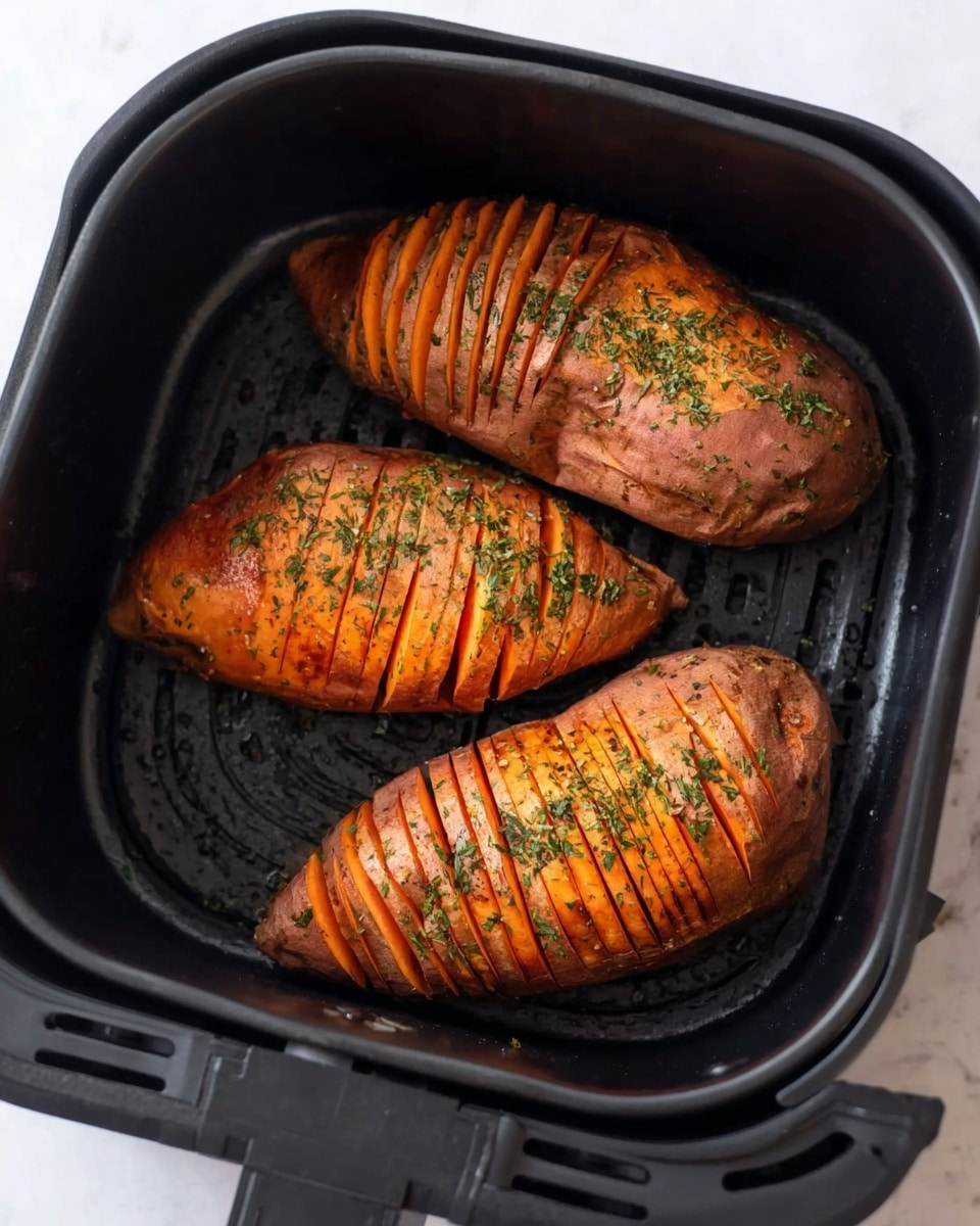 The image shows three whole sweet potatoes placed inside a black air fryer basket. Each sweet potato is sliced thinly in a layered pattern all along its length, with seasoning and small green herb pieces spread evenly over the surface. The sweet potatoes have a mix of orange and reddish-brown colors with a shiny texture from the seasoning. The air fryer basket has small holes and a solid black base, with the handle visible at the bottom. The background is a white marbled texture photo taken with an iphone --ar 4:5 --v 7