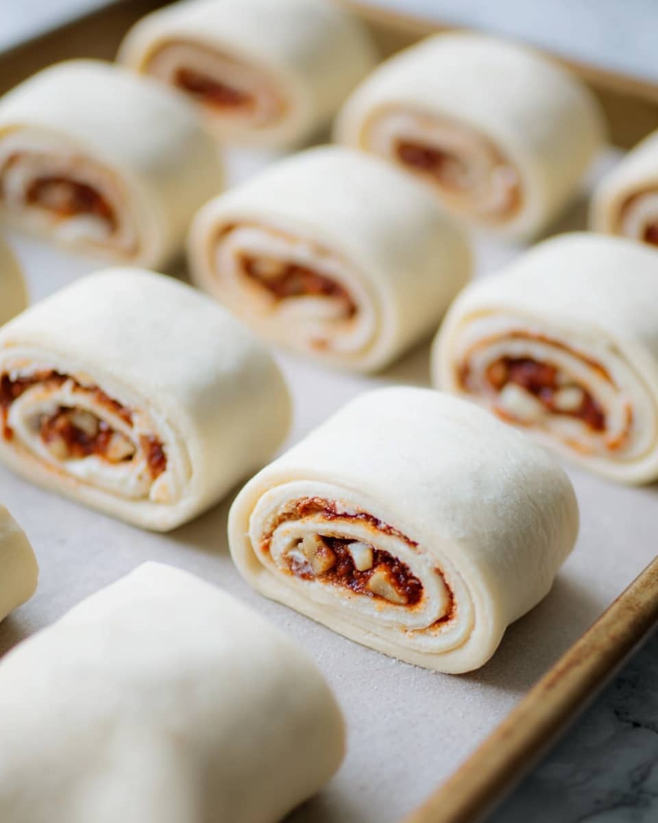 The image shows several pieces of rolled dough arranged on a baking sheet. Each piece has three visible layers: a smooth, white outer dough layer wrapped around a filling. The filling has a mix of colors, mainly red from a sauce, little bits of light cheese, and possibly tiny pieces of nuts or herbs, creating a textured look inside the roll. The rolls are evenly spaced, and the focus is sharp on the closest rolls while the background ones are softly blurred. The baking sheet is placed on a white marbled surface. photo taken with an iphone --ar 4:5 --v 7