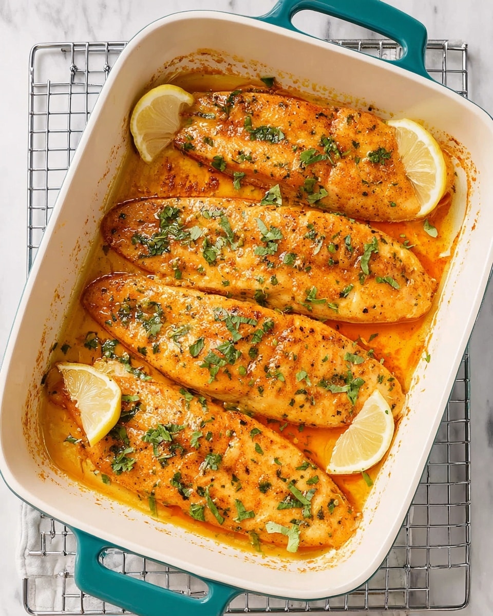 A white rectangular baking dish with blue handles holds four long fish fillets arranged side by side in a single layer. The fillets are golden brown with a slightly crispy texture on top and are sprinkled with small green herb pieces. Three lemon wedges are placed around the fish fillets inside the dish at the corners. The dish has some browned sauce residue on its sides. The baking dish sits on a silver wire rack, and the background is a white marbled surface. Photo taken with an iphone --ar 4:5 --v 7