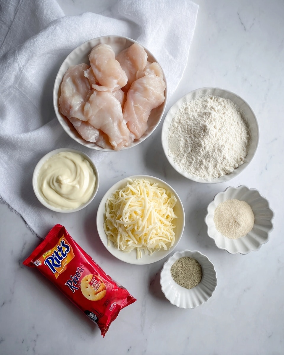 The image shows a top view of six ingredients placed on a white marbled surface with a white cloth on the left side. At the top center, a white bowl holds several pale pink raw chicken pieces with a smooth and slightly shiny texture. Below it and slightly to the right, a small white bowl contains white flour with a powdery texture. Next to the flour, a small white bowl filled with shredded pale yellow cheese sits at the bottom center. To the left of the cheese, a white bowl contains creamy white mayonnaise with a smooth texture. Above the mayonnaise, a small black and white bowl holds a light brown powder, and below the cheese, a small white fluted bowl contains a light greenish-grey spice powder. A red packet of Ritz crackers is placed at the bottom left corner of the image. All items are arranged neatly with even spacing. Photo taken with an iphone --ar 4:5 --v 7