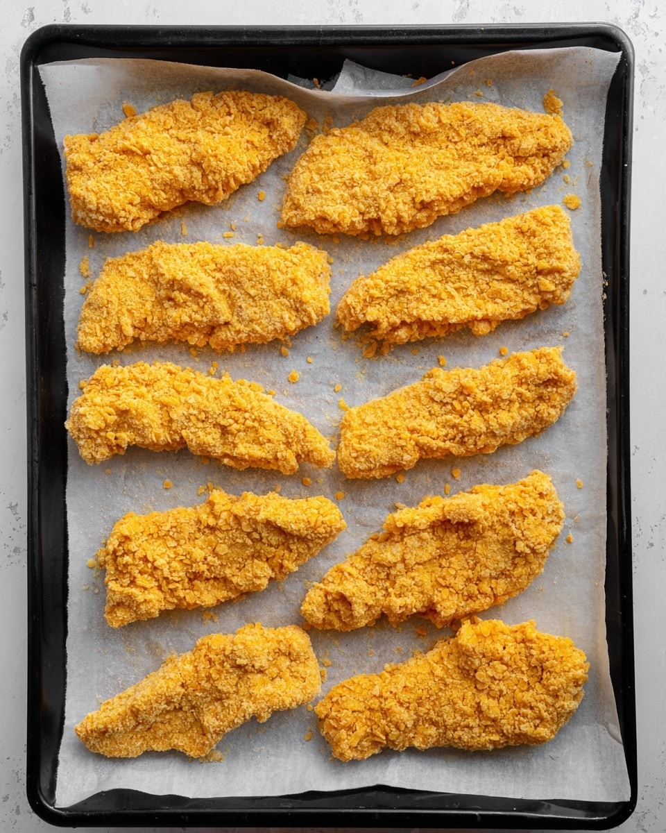 Eleven pieces of raw, breaded chicken tenders with a rough, crumbly yellow-orange coating lay spread out on a white parchment paper-lined black baking tray, arranged in three rows; the background is a white marbled texture. photo taken with an iphone --ar 4:5 --v 7
