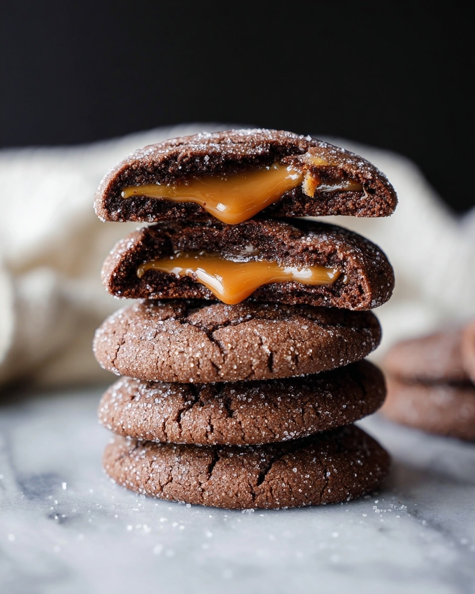 A stack of five soft chocolate cookies is shown on a white marbled surface, with the top cookie broken open to reveal a smooth, light brown caramel filling stretching slightly between the cookie edges. Each cookie has a dark brown color with a slightly cracked and sugary texture. The background is dark and blurred with a white cloth softly out of focus. Photo taken with an iphone --ar 4:5 --v 7