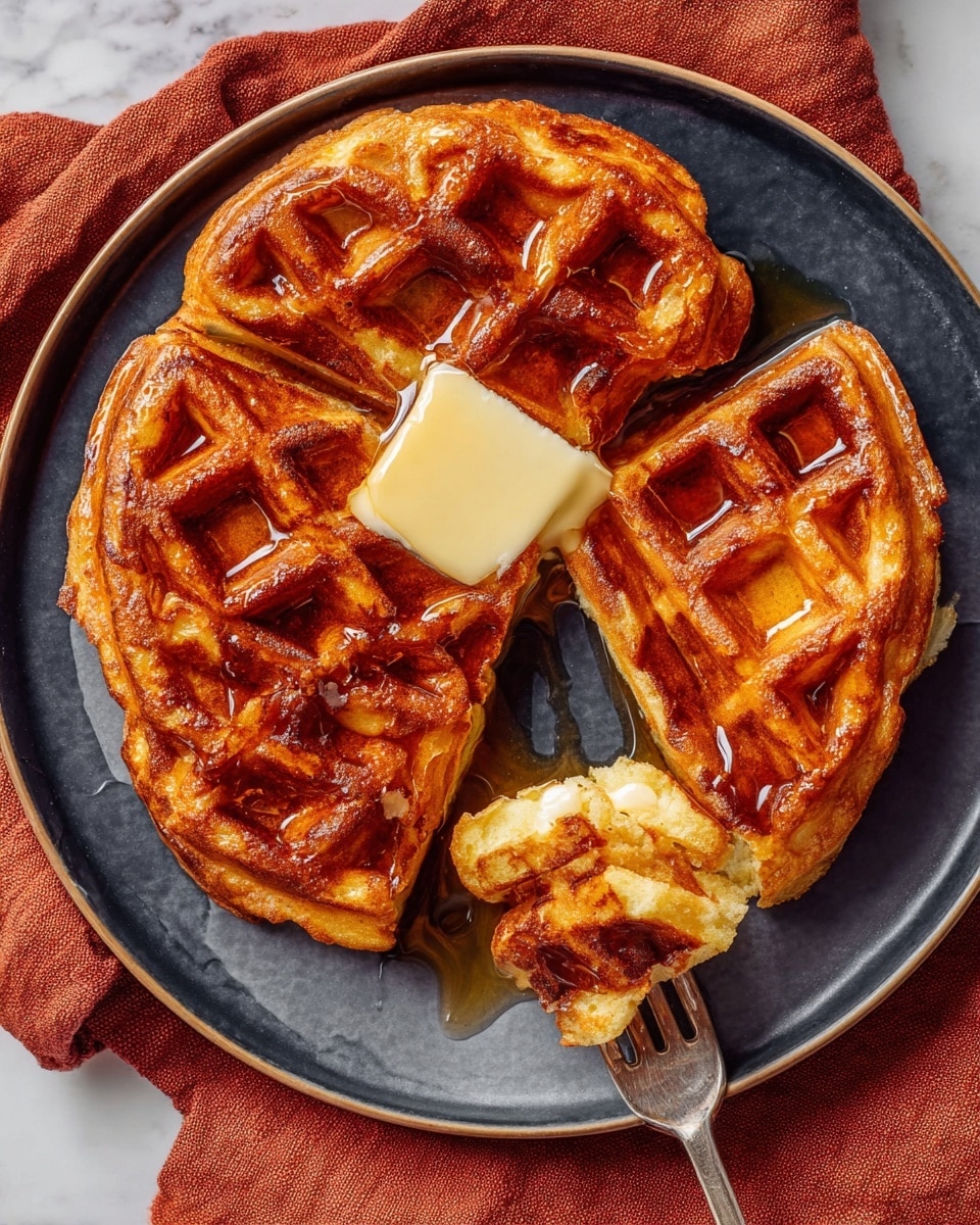 A golden-brown waffle is split into two halves and placed on a white plate with a dark matte inside. The waffle has a crispy texture, with small square pockets filled with syrup that shines under light. On top of the waffle, in the center, there is a small square of melting butter. A silver fork holds a small, warm piece of waffle on its tines near the bottom of the plate. The plate rests on a soft, rust-colored cloth over a white marbled surface. Photo taken with an iphone --ar 4:5 --v 7