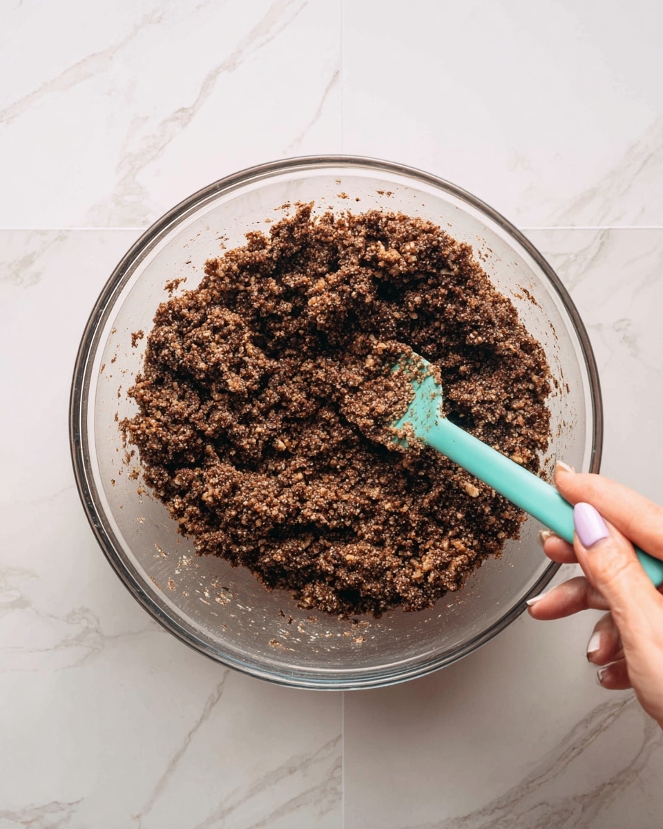 A clear glass bowl filled with a crumbly, dark brown mixture that looks coarse and grainy, with visible bits of oats or nuts mixed in. A teal spatula is inside the bowl, partly covered in the same mixture, being held by a woman's hand with pale skin and light pink nail polish. The bowl sits on a white marbled surface with subtle grey veins. The overall image shows a top-down view with natural lighting. photo taken with an iphone --ar 4:5 --v 7