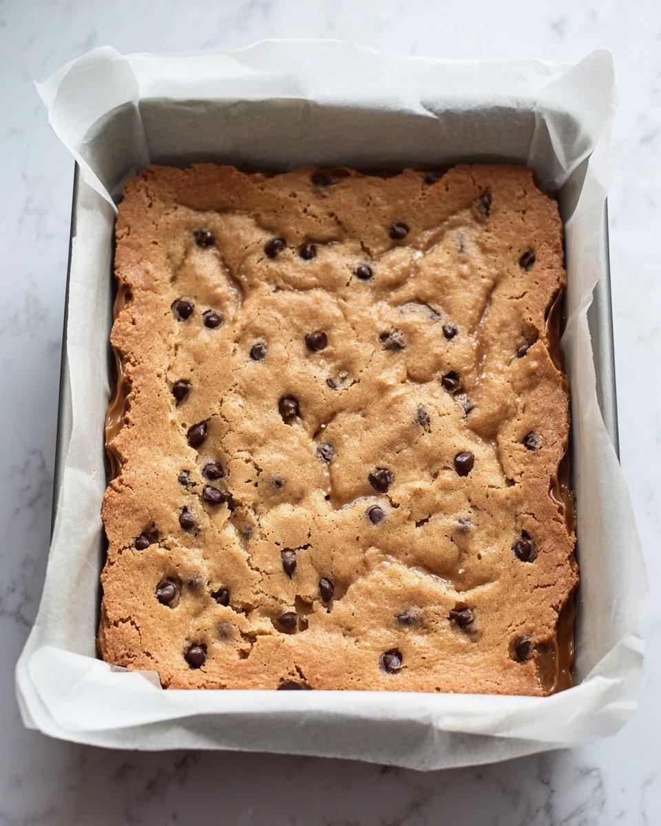 A square baking pan lined with white parchment paper is filled with two visible layers. The bottom layer is a crumbly, coarse, brown mixture, likely a crushed biscuit or nut base, covering the entire bottom evenly. The second layer is a thick, smooth, creamy white mixture being spread partly over the brown base by a woman's hand holding a metal spatula with a black handle. The white mixture has a glossy texture and is just starting to cover the brown layer from the right side. The pan is placed on a white marbled surface, visible around the edges. Photo taken with an iphone --ar 4:5 --v 7