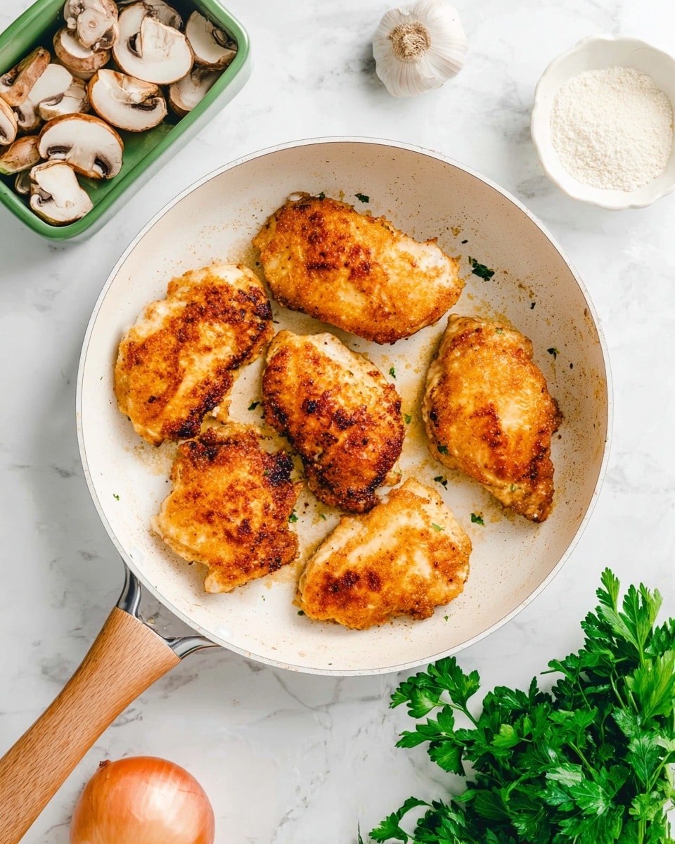 A white pan with a wooden handle holds six browned cooked chicken pieces arranged in a single layer, all showing a golden, crispy texture with some darker spots from cooking. Around the pan on a white marbled surface, there is a small white bowl with a light powder next to the top right, a green container filled with sliced white mushrooms in the top left, a bulb of garlic and a clove at the bottom left, an onion on the bottom right, and a bunch of fresh parsley placed near the bottom right corner. The overall scene is bright with clean, natural lighting. photo taken with an iphone --ar 4:5 --v 7
