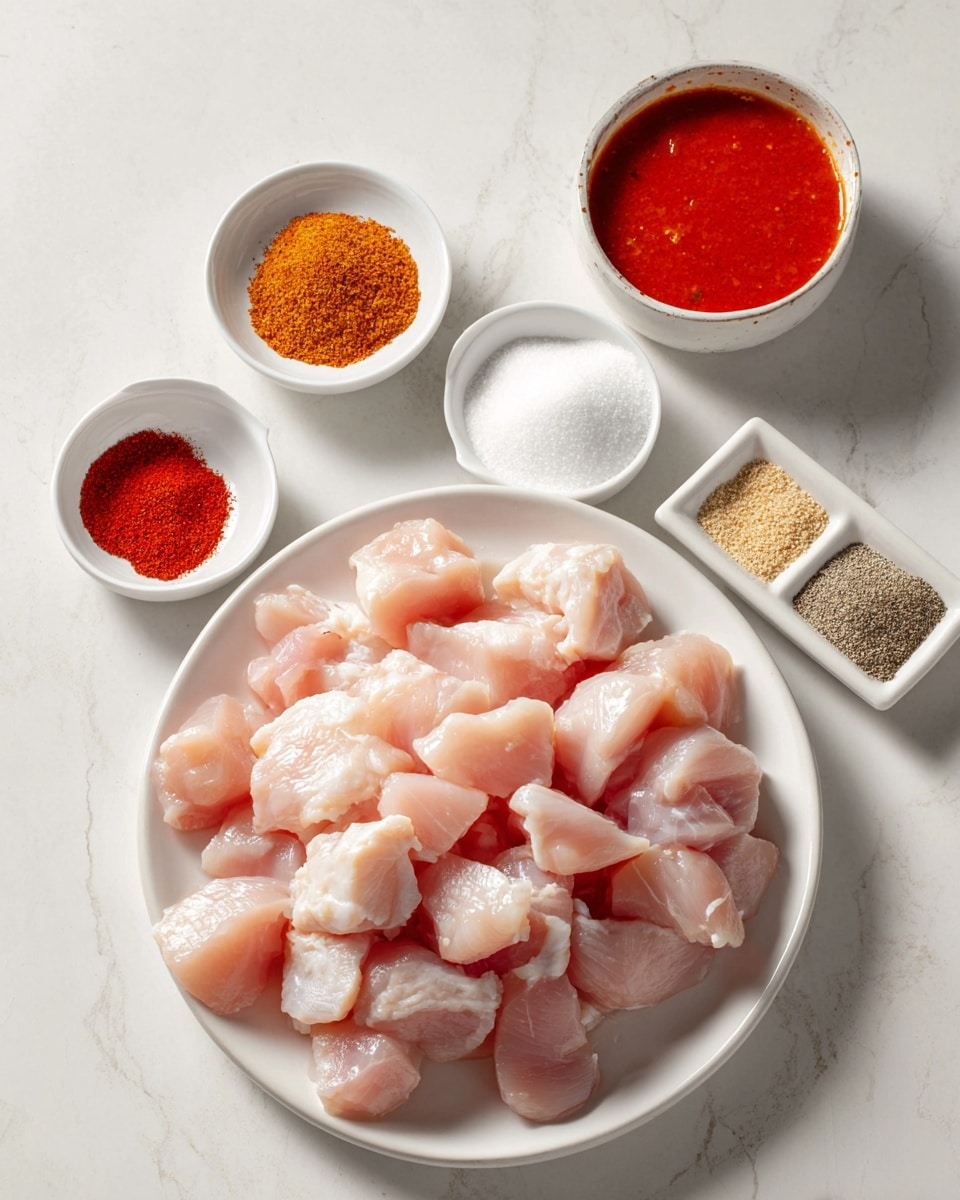 The image shows a white plate filled with many raw chicken pieces that are cut into small, uneven chunks with a pale pink color and smooth texture. Around the plate are three white ramekins: one filled with a bright red sauce, one with white powder, and one white bowl holding five different spices arranged in small piles—white salt, orange-red paprika, light brown garlic powder, beige onion powder, and black pepper—each distinct and finely ground. The scene is set on a white marbled texture surface with soft lighting and clear focus. Photo taken with an iphone --ar 4:5 --v 7