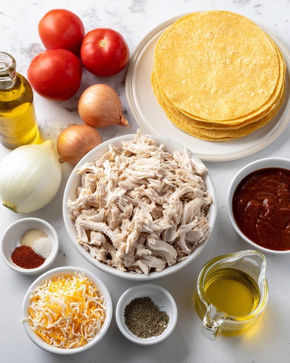 The image shows a white bowl filled with shredded light beige chicken pieces placed near the center. To the right of it, there is a stack of yellow corn tortillas on a white plate. Surrounding these, from left to right, are small white bowls with dark reddish-brown sauce, mixed white and orange shredded cheese, and another white bowl holding three spices: coarse salt, brown powder, and green herbs. Behind these bowls are four red tomatoes, a whole white onion, three cloves of garlic, a glass bottle of light golden olive oil, and a clear glass measuring cup with yellowish liquid inside. Everything is set on a white marbled textured surface. photo taken with an iphone --ar 4:5 --v 7