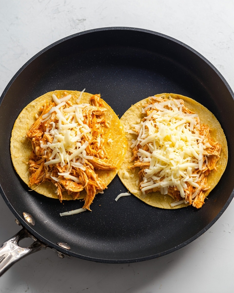 Two soft yellow corn tortillas lie flat in a black frying pan on a white marbled surface. Each tortilla is topped with a layer of orange shredded cooked chicken on one half, showing a slightly moist texture with visible strands. On the other half of each tortilla, there is a pile of shredded cheese, mixed with white and yellow strands, creating a contrast in colors and textures. The cheese looks fresh and soft, ready to melt. The pan handle is visible on the left side. Photo taken with an iphone --ar 4:5 --v 7