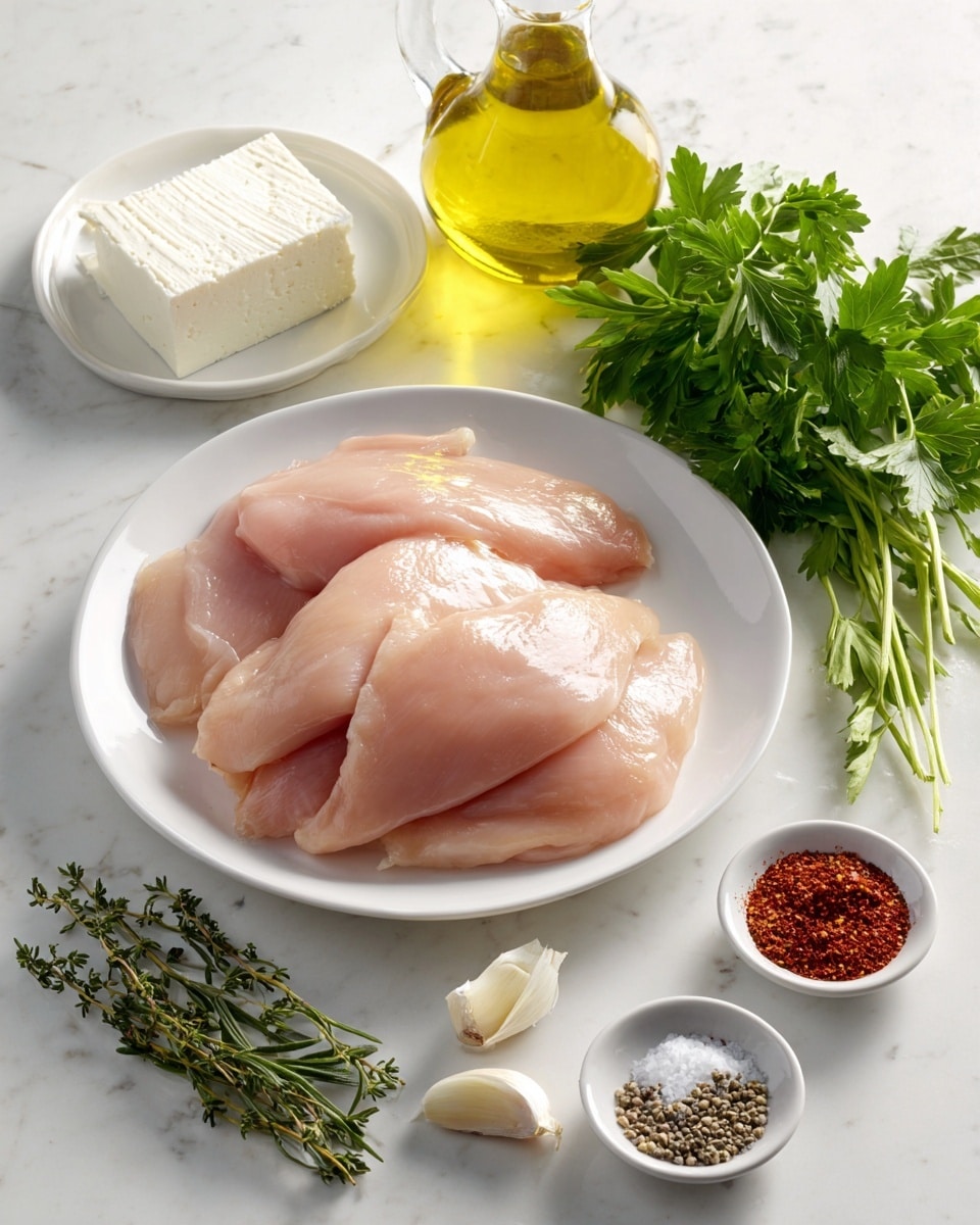 A white plate holds four raw chicken pieces layered unevenly; the chicken is pale pink with a smooth, moist texture. To the top left, a small white plate carries a block of white cheese with a slightly crumbly surface. Near the cheese, three garlic cloves lie on a white marbled surface. Behind the chicken plate, a glass bottle filled with light yellow oil reflects the light. Bright green fresh parsley with leafy bunches is placed near the top right. At the bottom left, green sprigs of rosemary, thyme, and oregano lay in small bunches. On the bottom right, a small white bowl contains three spices: red powdered spice, black ground pepper, and white granulated salt. The whole setting is arranged on a clean white marbled surface. photo taken with an iphone --ar 4:5 --v 7