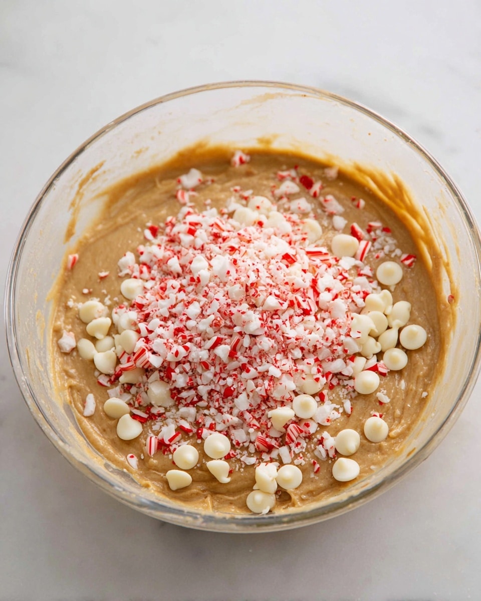 A clear glass bowl contains a thick, light brown batter layer that fills the bottom and sides. On top of the batter, there is a mix of two toppings: small, round, smooth white chocolate chips scattered evenly and a pile of crushed peppermint candy pieces, showing white and red fragments, mostly in the center. The bowl is placed on a white marbled surface. photo taken with an iphone --ar 4:5 --v 7
