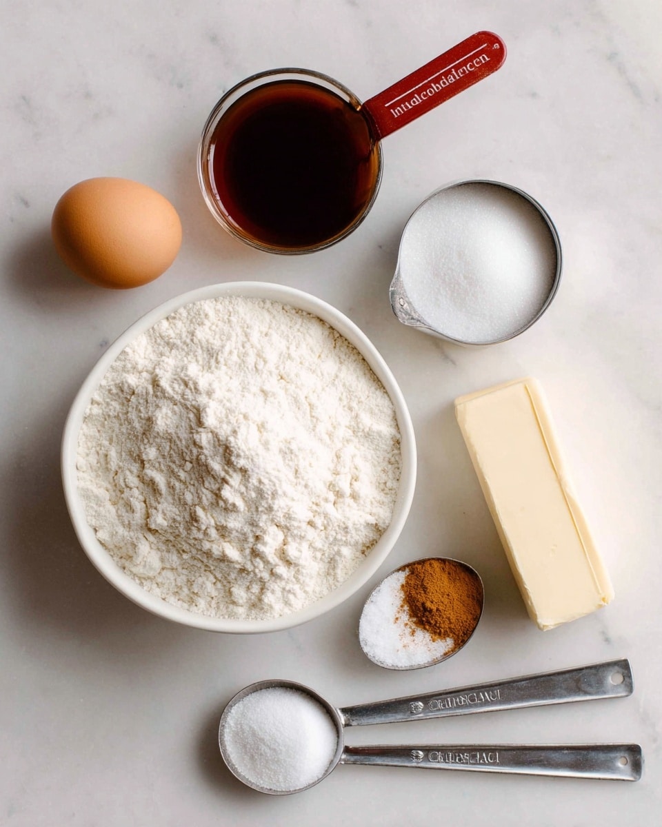 The image shows baking ingredients laid out on a white marbled surface. There is a white bowl filled with white flour in the center. To the left of the bowl, there is a single white egg resting on the surface. Above the flour bowl, a measuring cup filled with dark maple syrup is placed next to a metal measuring cup filled with white sugar. To the right of the sugar, there is a stick of butter with a light cream wrapper. On the lower right side, two metal measuring spoons hold a small amount of white baking powder and a brown spice, possibly cinnamon. The arrangement is simple and neat, with soft natural light illuminating the ingredients. photo taken with an iphone --ar 4:5 --v 7