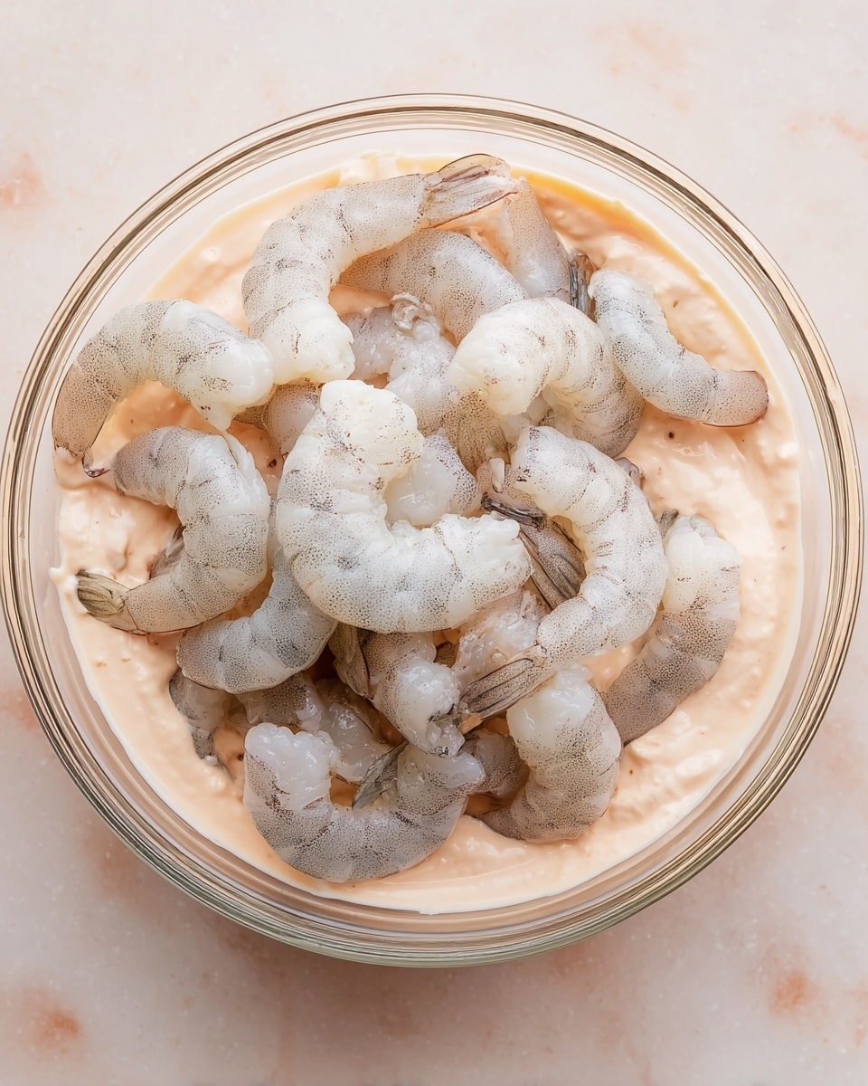 A clear glass bowl sits on a white marbled surface, filled with pale pinkish-orange creamy sauce as the bottom layer that has a smooth and slightly thick texture. On top, there is a layer of raw, peeled shrimp arranged loosely, showing their light gray and translucent white bodies with subtle dark lines and spots on their curled forms. The shrimp are piled naturally, creating soft shadows and highlights that emphasize their wet, slightly shiny surface. photo taken with an iphone --ar 4:5 --v 7