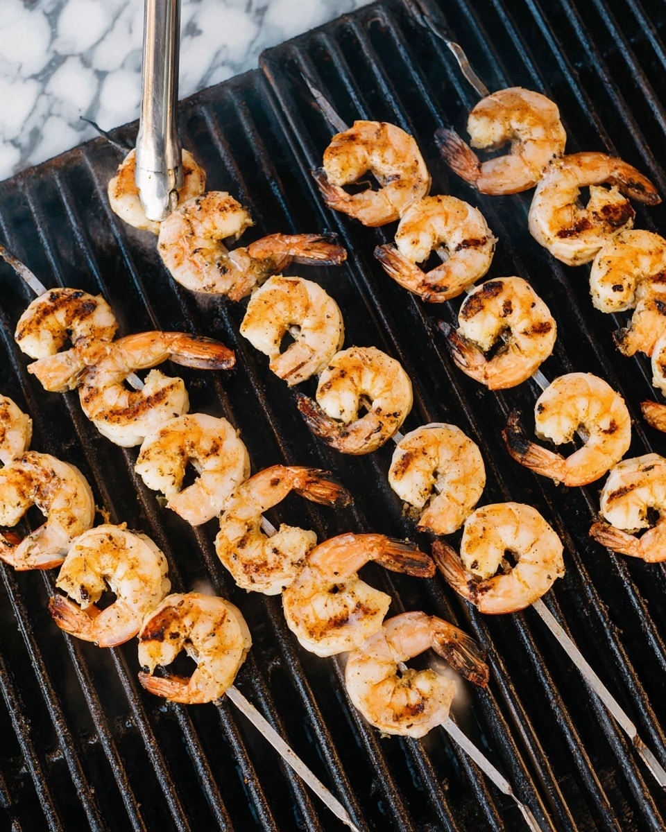The image shows several metal skewers with shrimp grilled on an outdoor grill with black grates. Each skewer holds about six or seven shrimp, which have a light pink color with charred brown and black grill marks. The shrimp are arranged in curved shapes along the skewers, and their texture looks firm and slightly bumpy. A woman's hand is using metal tongs to hold one of the skewers on the top left side of the grill. The background behind the grill is a white marbled texture. photo taken with an iphone --ar 4:5 --v 7