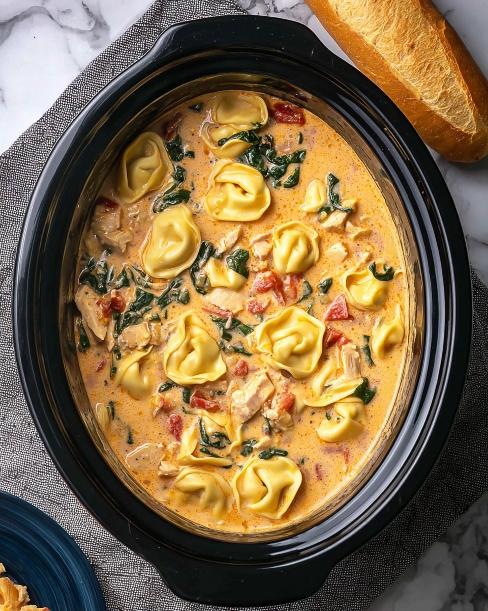 A black slow cooker filled with creamy orange sauce holding yellow tortellini pasta, small pieces of cooked chicken, dark green spinach leaves, and bits of red tomato evenly mixed throughout. The tortellini pieces are plump and smooth with folded edges, floating on the sauce surface. To the top right, a golden-brown baguette rests beside the slow cooker on a textured grey cloth. The slow cooker sits on a white marbled surface, with a small part of a blue plate visible in the bottom left corner. Photo taken with an iphone --ar 4:5 --v 7