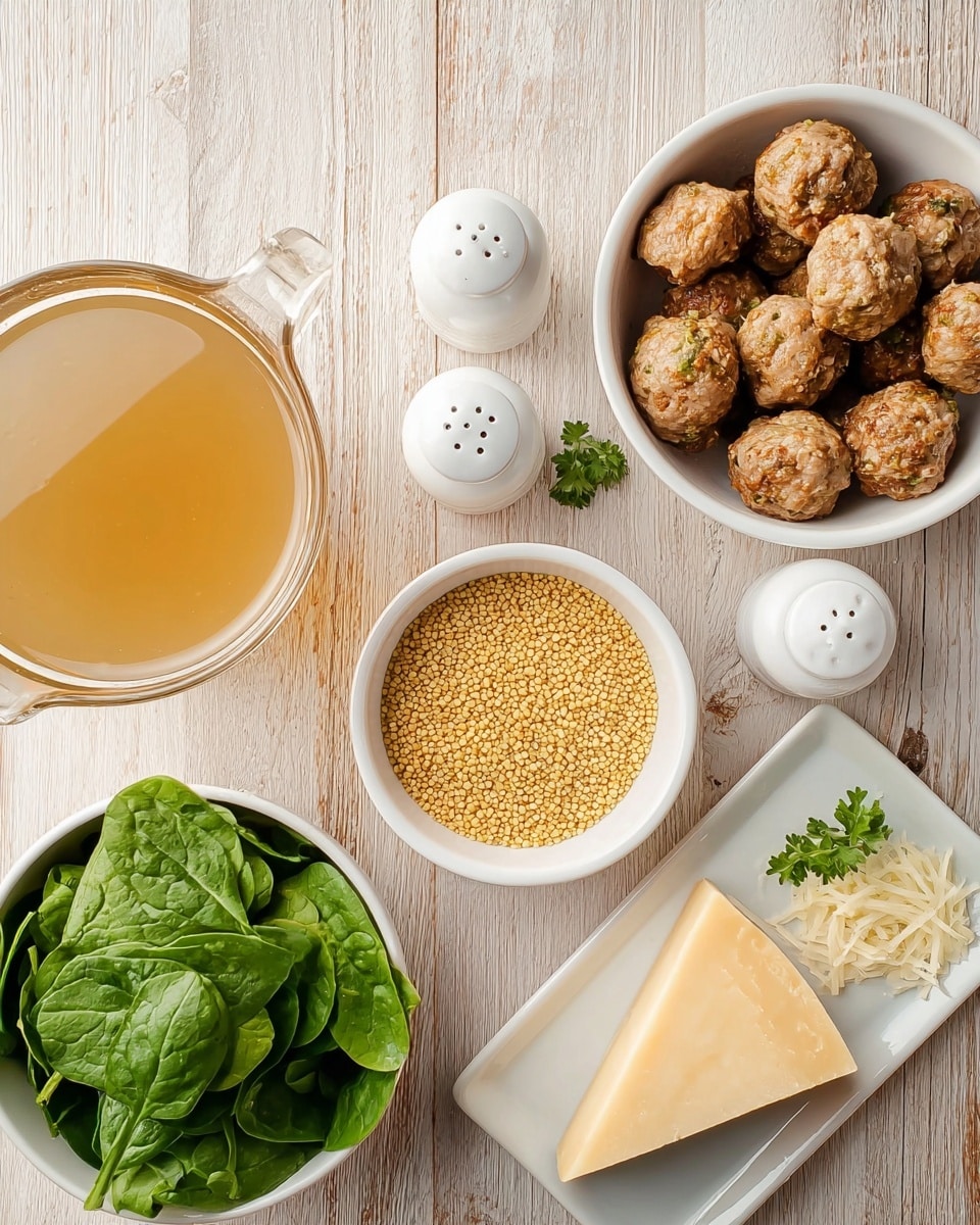 A top view of various cooking ingredients arranged on a light wooden surface, including a clear glass cup filled with light brown broth on the left, a small white bowl of small yellow grains near the center, a white bowl filled with brown, round meatballs on the right side, a white bowl with fresh spinach leaves at the bottom left, and a white rectangular dish holding a triangular wedge of pale yellow cheese with some shredded cheese around it at the bottom right, alongside a small green sprig of parsley and two white shakers placed near the spinach. photo taken with an iphone --ar 4:5 --v 7