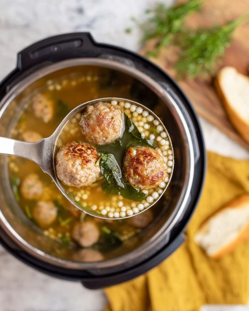 A ladle is holding three light brown, round meatballs with a slightly rough texture, along with small round white couscous pearls and dark green leafy vegetables in a clear golden broth. The ladle is lifted above a black inner pot filled with more broth and scattered meatballs. In the blurred background, there is a sprig of green herbs and two pieces of white bread on a yellow cloth, all set on a white marbled surface. photo taken with an iphone --ar 4:5 --v 7