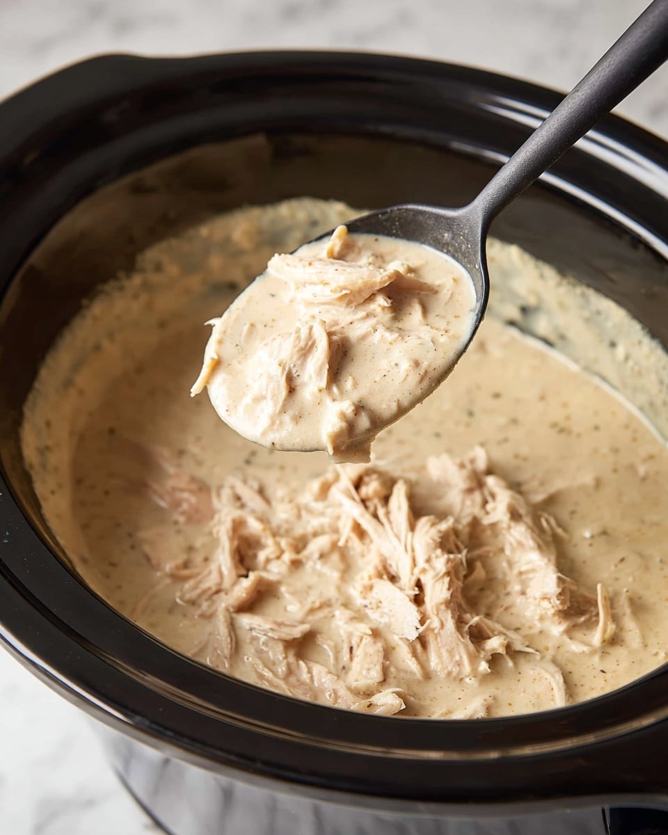 A black slow cooker filled with a creamy, light beige mixture containing shredded pieces of light colored meat. A black spoon holds a scoop of this thick, smooth, and creamy mixture above the cooker, showing the texture of the meat mixed evenly into the creamy base. The background is a white marbled surface. Photo taken with an iphone --ar 4:5 --v 7